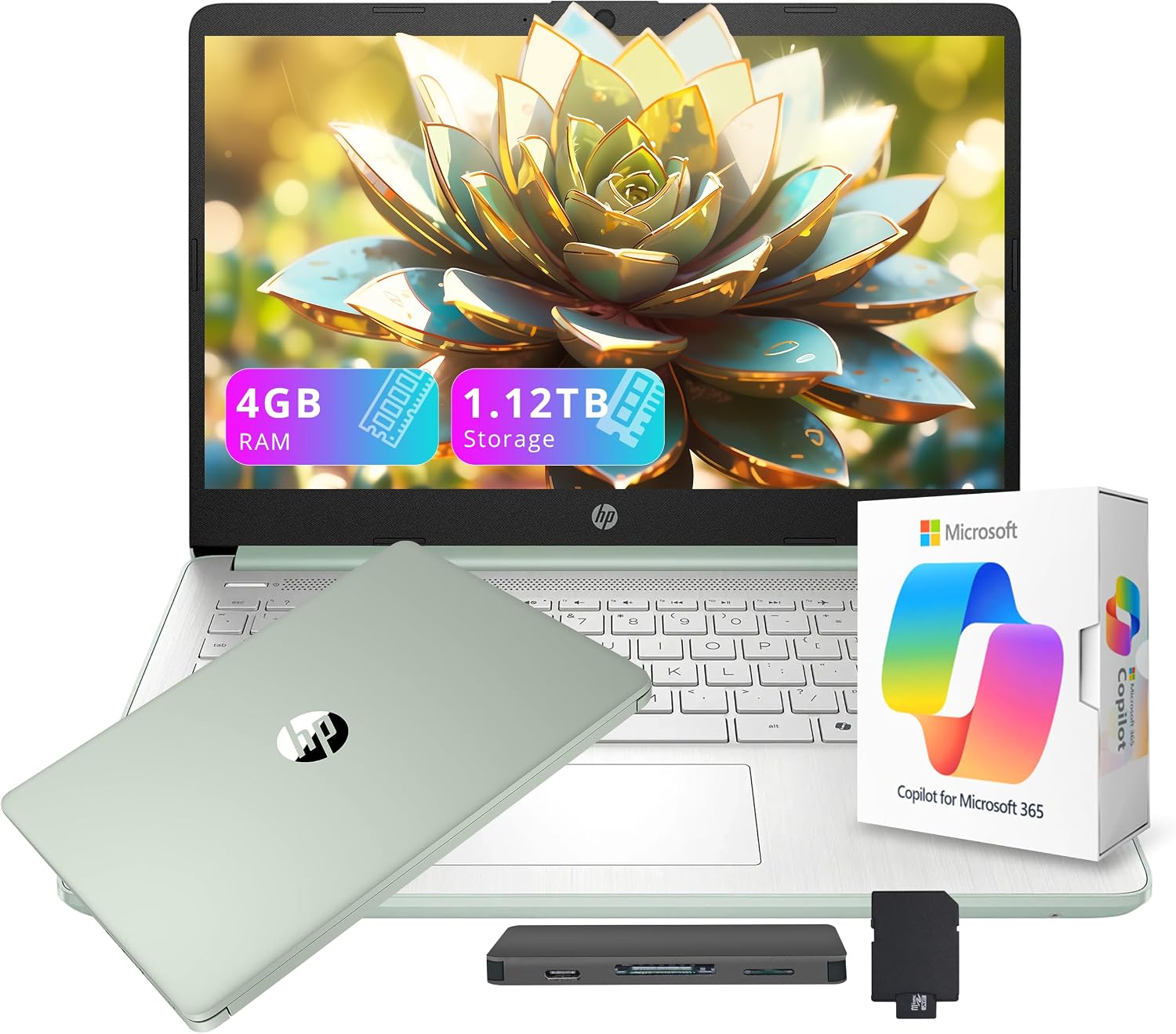 HP Flagship 14' HD Student&Business Laptop with AI Copilot, 13th Gen Intel 4-Core, 4GB RAM, 1.12TB Storage (128GB UFS + 1TB Docking Station), 1 Year Office 365, Wi-Fi 6, Win 11 S, Willow Green