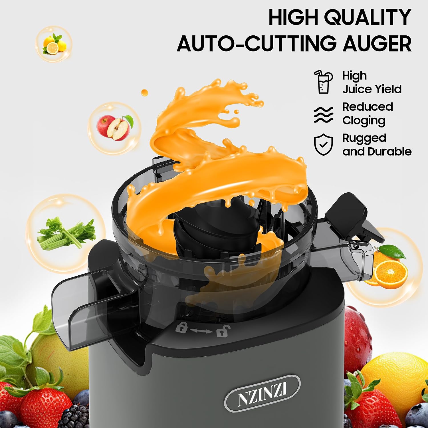 BPA Free Cold Press Juicer, Slow Juicer Machine Easy to Clean, Self-Feeding Masticating Juicer with Large Feed Chute for Whole Fruits and Vegetables, High Juice Yield, Gray