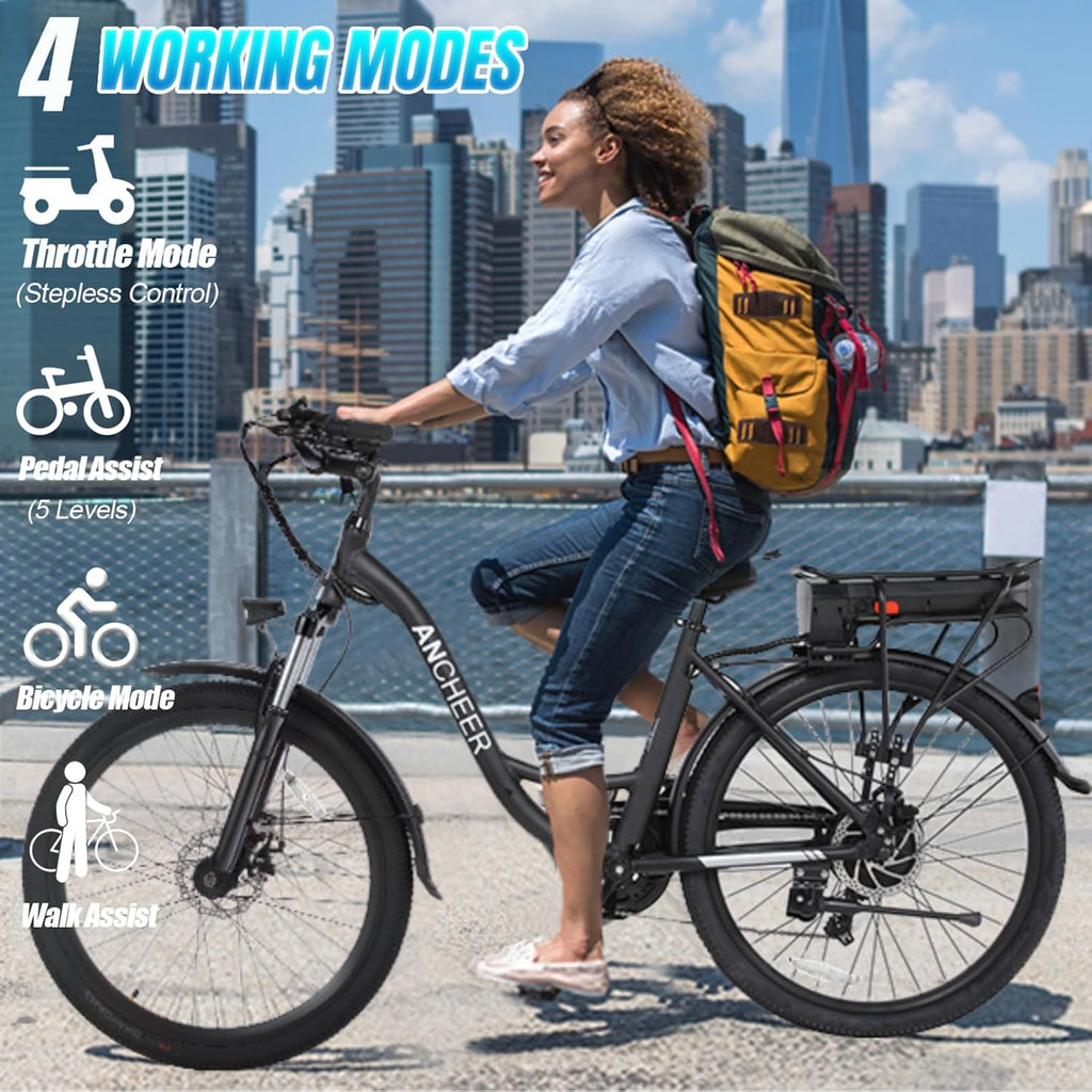 ANCHEER Electric Bike for Adults, 48V 499Wh Ebike, 26' City Commuter Bike with 48V Removable Battery, Up to 55 Miles, 3H Fast Charge, 7-Speed, Step-Thru Cruiser Bike for Women Men, UL2849 Compliant