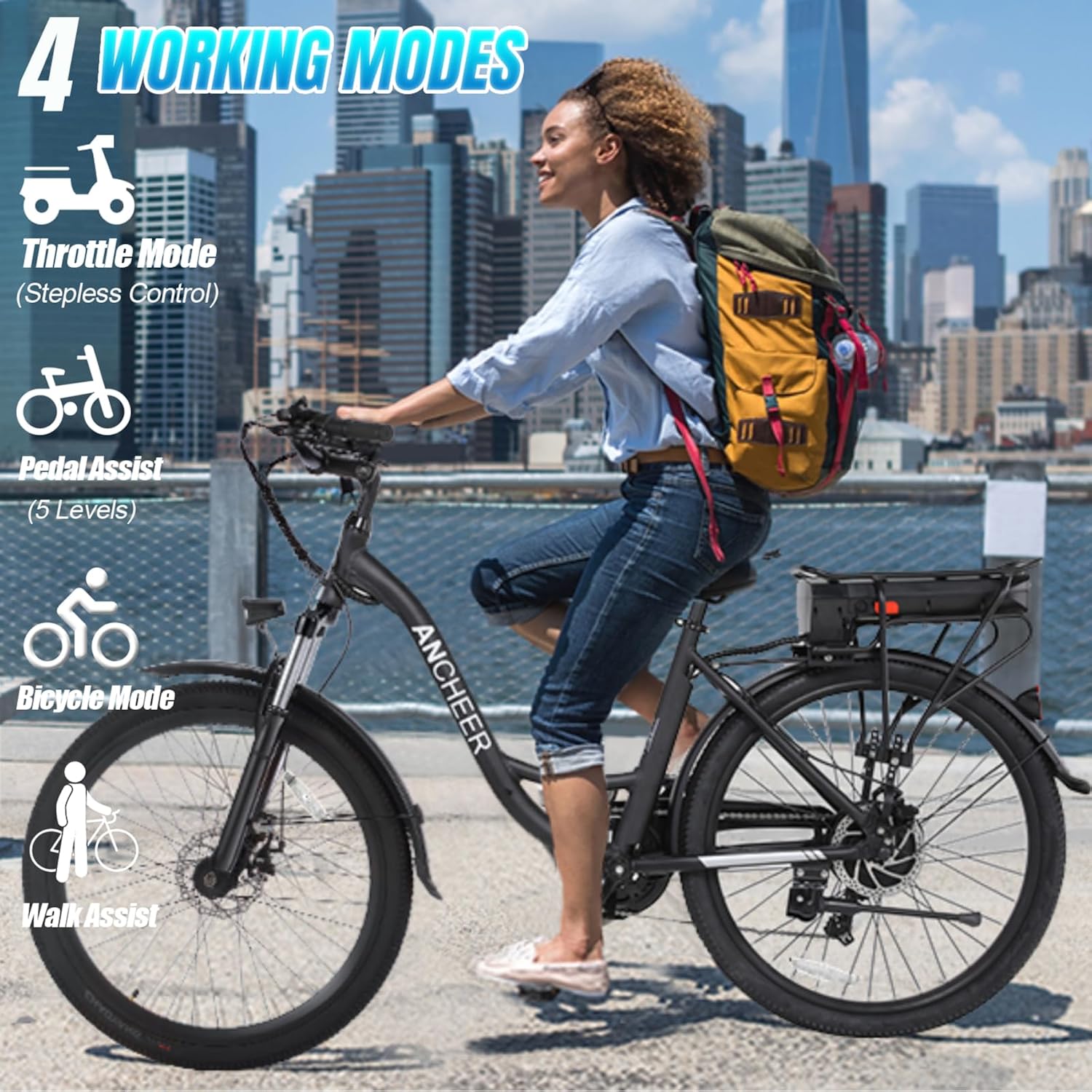 ANCHEER Electric Bike for Adults, 48V 499Wh Ebike, 26' City Commuter Bike with 48V Removable Battery, Up to 55 Miles, 3H Fast Charge, 7-Speed, Step-Thru Cruiser Bike for Women Men, UL2849 Compliant