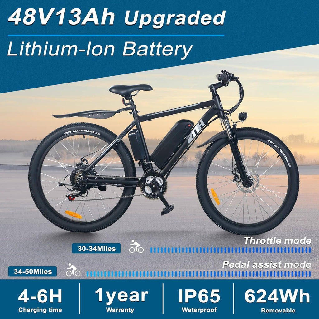 ZNH Electric Bike for Adults, 750W Peak Electric Mountain Bike with 48V 13Ah Removable Battery, 20MPH Brushless Motor Up to 50 Miles, Suspension Fork, 26'' Fat Tire Commuter Ebike, Black (02S-Black)