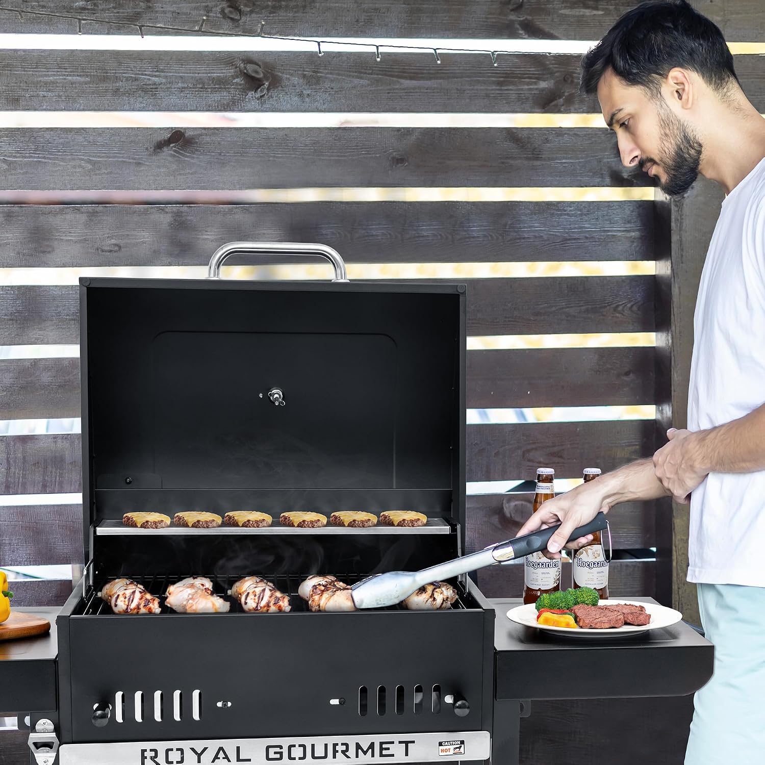 24-Inch Charcoal Grill with Foldable Side Tables, Movable BBQ Grill with 470 Sq. In. Cooking Area for Backyard, Patio and Parties, Black, CD1824EH-SC