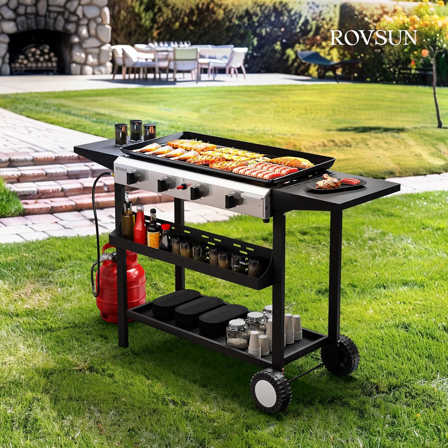 ROVSUN 4 Burner Portable Propane Griddle with Electronic Ignition, 40000 BTU Rolling Flat Top Gas Grill with Nonstick Enameled Tray, Side Shelves & Regulator for Outdoor Cooking Camping BBQ Tailgating
