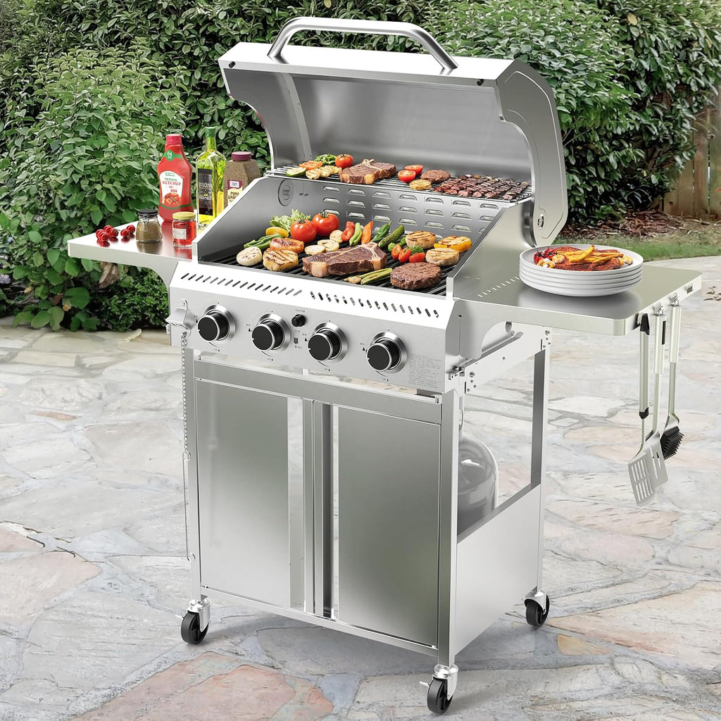 Electactic Propane Gas Grill 4 Burners, 32000 BTU Outdoor Barbecue Grill with Stainless Steel Body & Heavy-Duty 304 Grill Grates, Foldable Side Shelves & Built-in Thermometer, Portable with Wheels