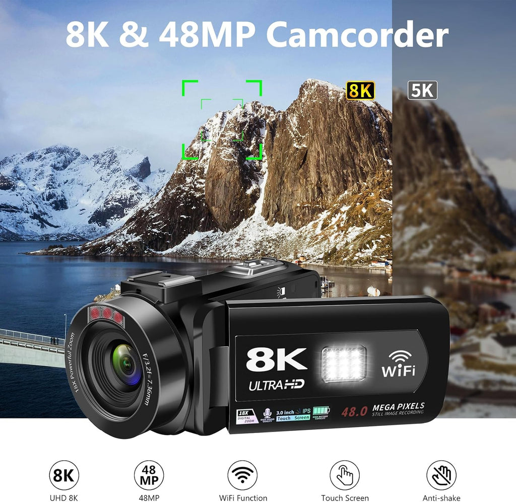 VETEK Video Camera 8k Camcorder 48MP UHD WiFi IR Night Vision Vlogging Camera for YouTube, 18X Digital Zoom 3.0' LCD Screen Digital Camera with Microphone, 32G SD Card, Remote Control and 2 Batteries