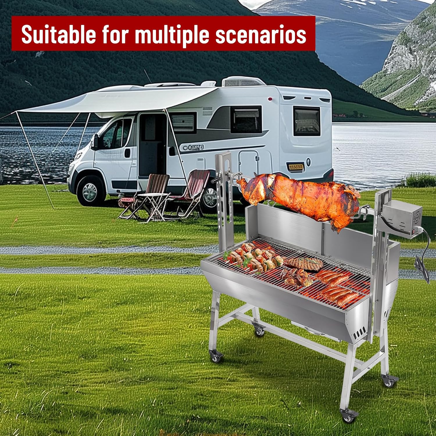 37' Electric Rotisserie Grill, Pig Lamb Spit Roaster Stand Rotisserie 132 Lbs Capacity With Adjustable Height, BBQ Charcoal Rotisserie Grill Kit Stainless Steel For Outdoor Party Camping