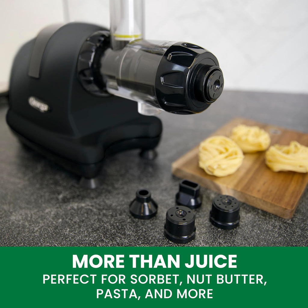 Omega Cold Press Juicer Machine, All-in-One Nutrition System for Vegetable and Fruit Juice, Nut Butter, Baby Food, Pasta and Sorbets, Triple-Stage 80-RPM Slow Masticating Juicer, 200-Watts, Black
