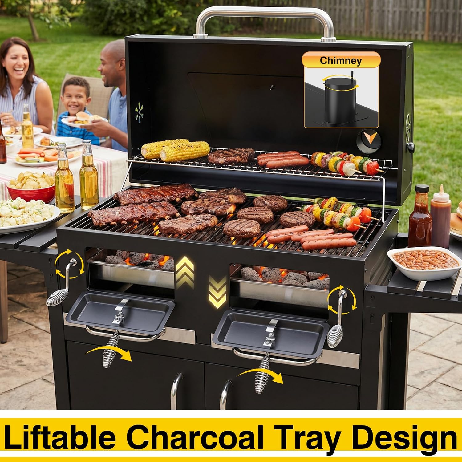 Bestfire 63' Oversized Charcoal BBQ Grill & Smoker, Large Outdoor Grill with 2 Individual Lifting Charcoal Trays, Cabinet-Style Charcoal Grills with Foldable Side Tables, 4 Wheels, Asadores de Carbon