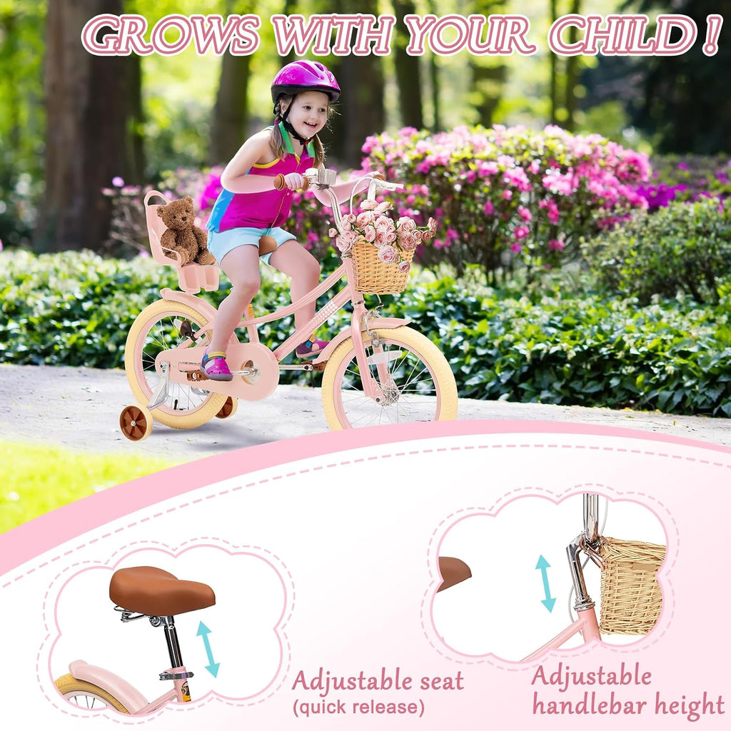 Glaf Toddler Girls Bike 12 14 16 20 Inch Girls Bike with Training Wheels Age 2-12 Years Old Bicycle Kids Bike with Basket and Doll Seat Adjustable Seat