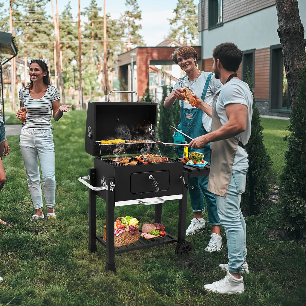 45.6' Portable Charcoal Grill,Metal Outdoor Barbecue Smoker,Heavy Duty Outdoor BBQ Grill,Vertical Camping Barbecue Grill,with Foldable Side Table & Wheels,for Garden Patio Beach Backyard (Black)