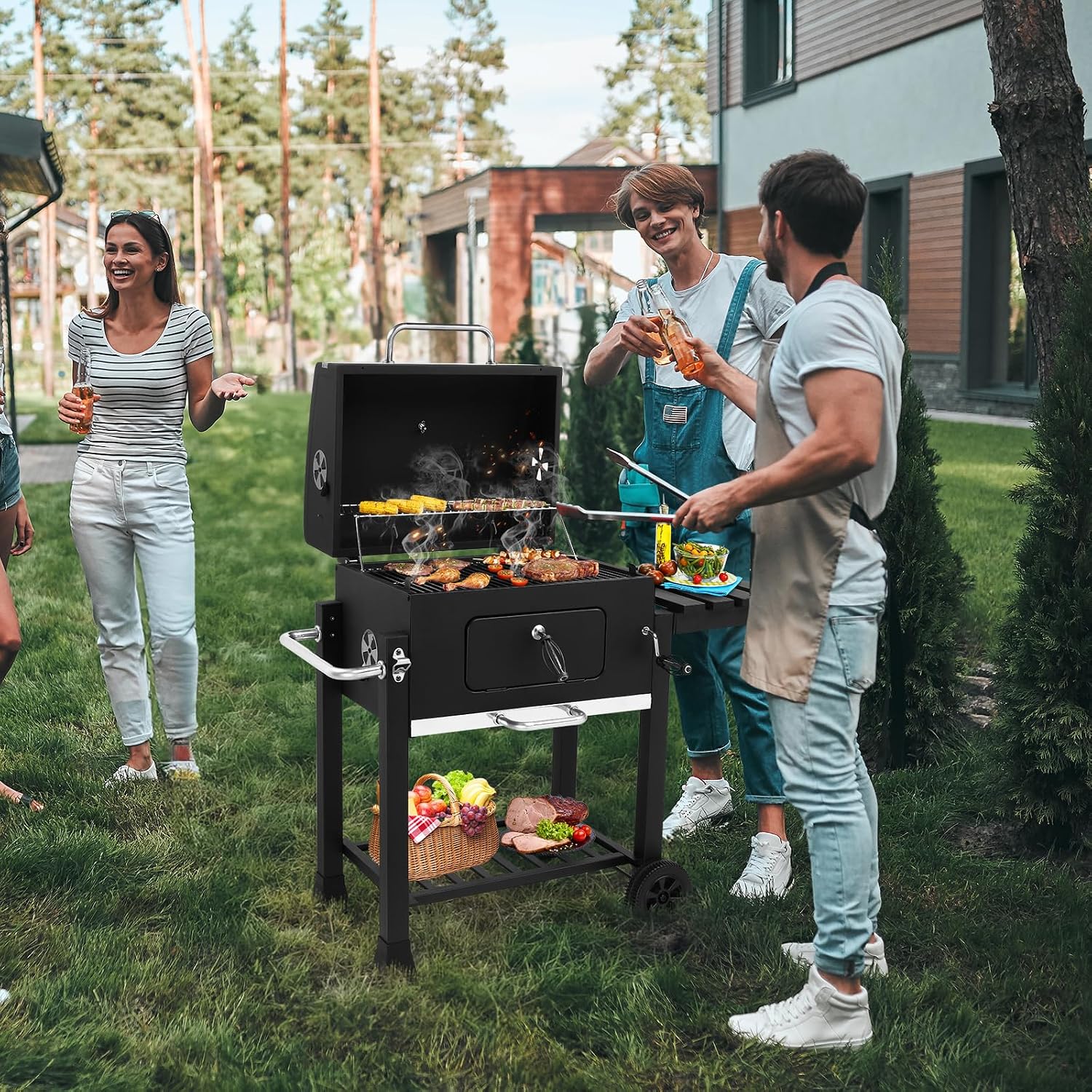 45.6' Portable Charcoal Grill,Metal Outdoor Barbecue Smoker,Heavy Duty Outdoor BBQ Grill,Vertical Camping Barbecue Grill,with Foldable Side Table & Wheels,for Garden Patio Beach Backyard (Black)