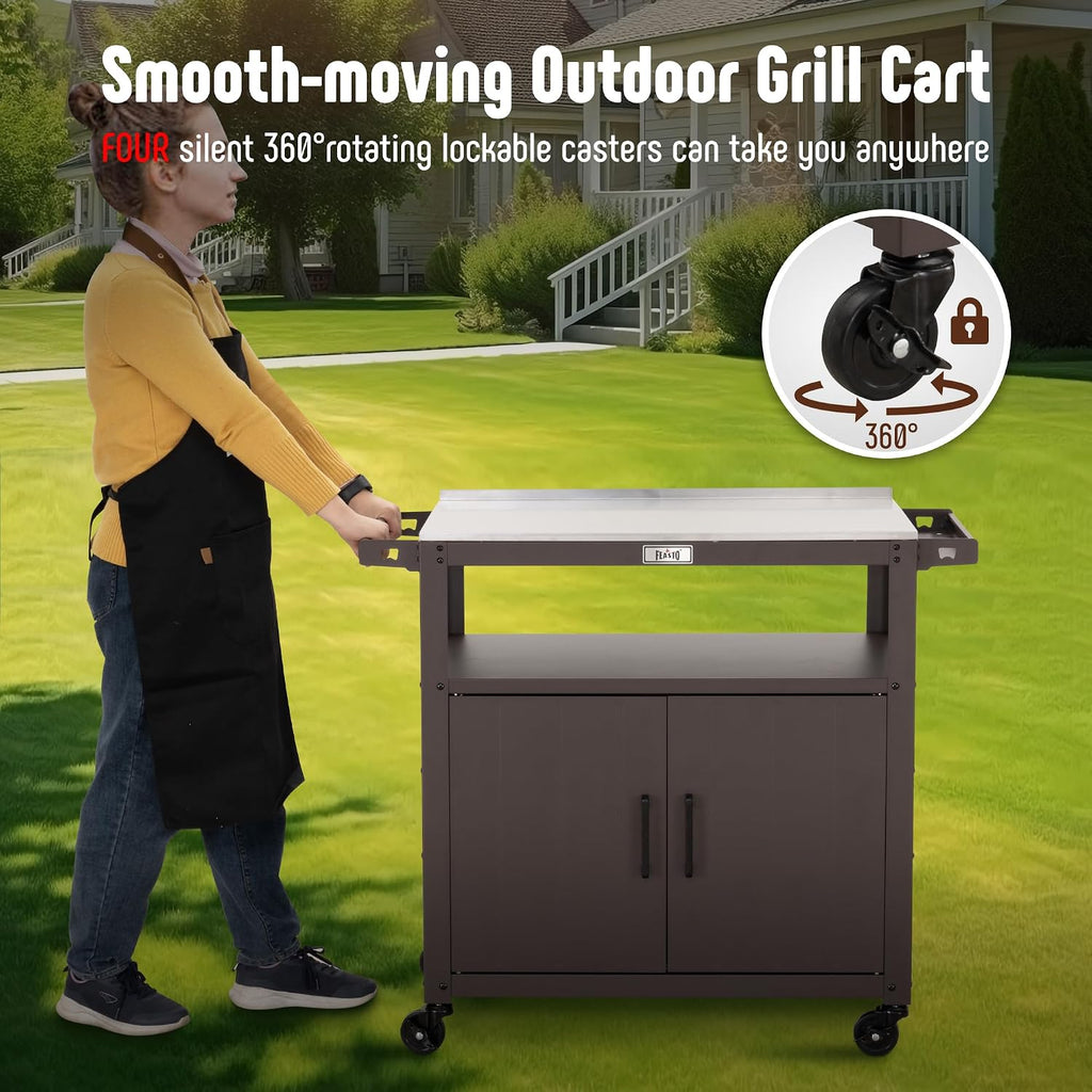 Feasto Outdoor Grill Cart with Stainless Steel Tabletop and Storage Cabinet, Movable Kitchen Island with Wheels for BBQ Food Prep, Brown