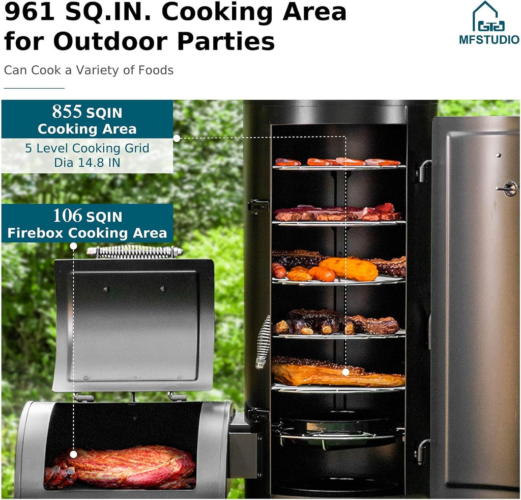 MFSTUDIO Vertical Offset Smoker Grill, Extra Large Barrel Charcoal Grill with Smoker Combo for BBQ Smoking, 961 SQ.IN.