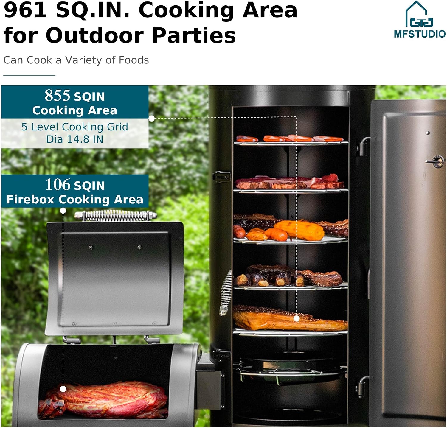 MFSTUDIO Vertical Offset Smoker Grill, Extra Large Barrel Charcoal Grill with Smoker Combo for BBQ Smoking, 961 SQ.IN.