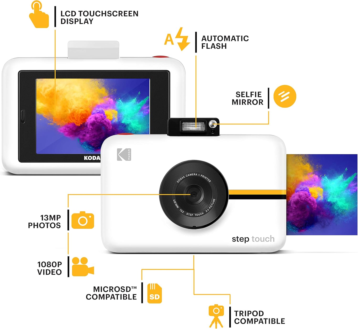 Zink Kodak Step Touch | 13MP Digital Camera & Instant Printer with 3.5' LCD Touchscreen Display, 1080p HD Video (White) Starter Bundle