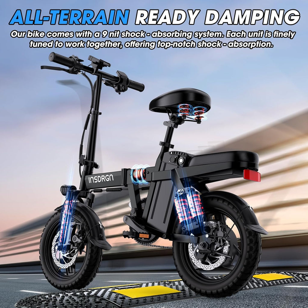 INSDRGN Electric Bike for Adults and Teens,14' Folding Adult E Bike with 650W Peak Motor,20MPH,28Miles Range,Advanced 9-Point Suspension & Dual Disc Brake,Removable Battery,UL 2849 Certified