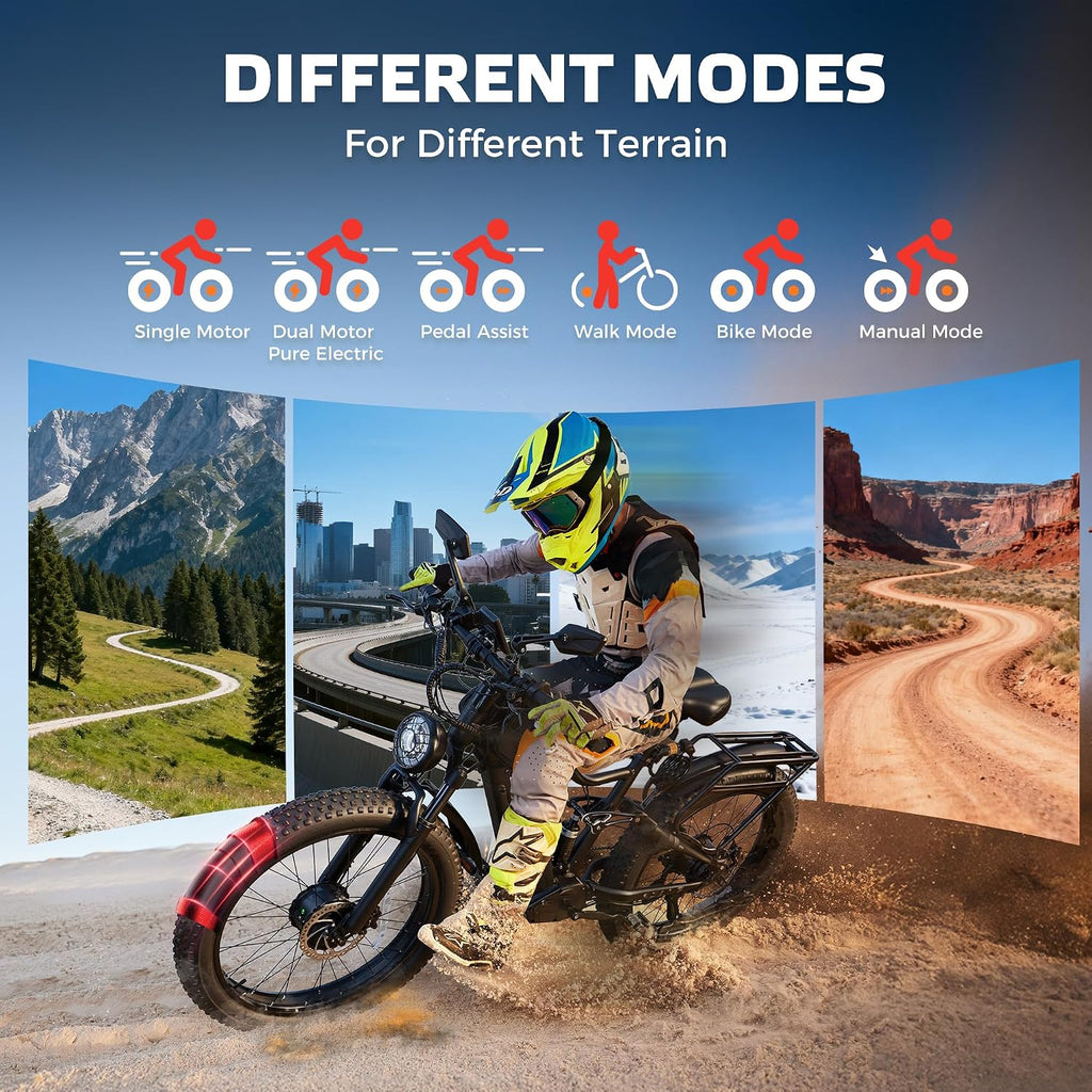 EcoE 7000/9000W Dual Motor Electric Bike for Adults 52MPH Charge Voltage 63 V32A, 26x4 Fat Tire All Terrain Ebikes, Full Suspension E Bike, SHM 7-Speed Gear Electric Bicycle