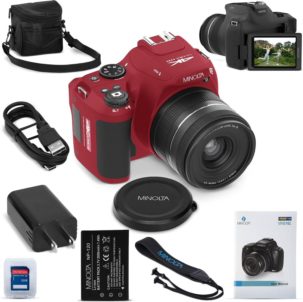 Minolta ProShot 64MP Digital Camera – 10x Optical Zoom, 4K Ultra HD Video, Macro Shooting, Anti-Shake, 3-inch LCD Screen, Face Detection – Includes 32GB SD Card, Battery & Case (Red)