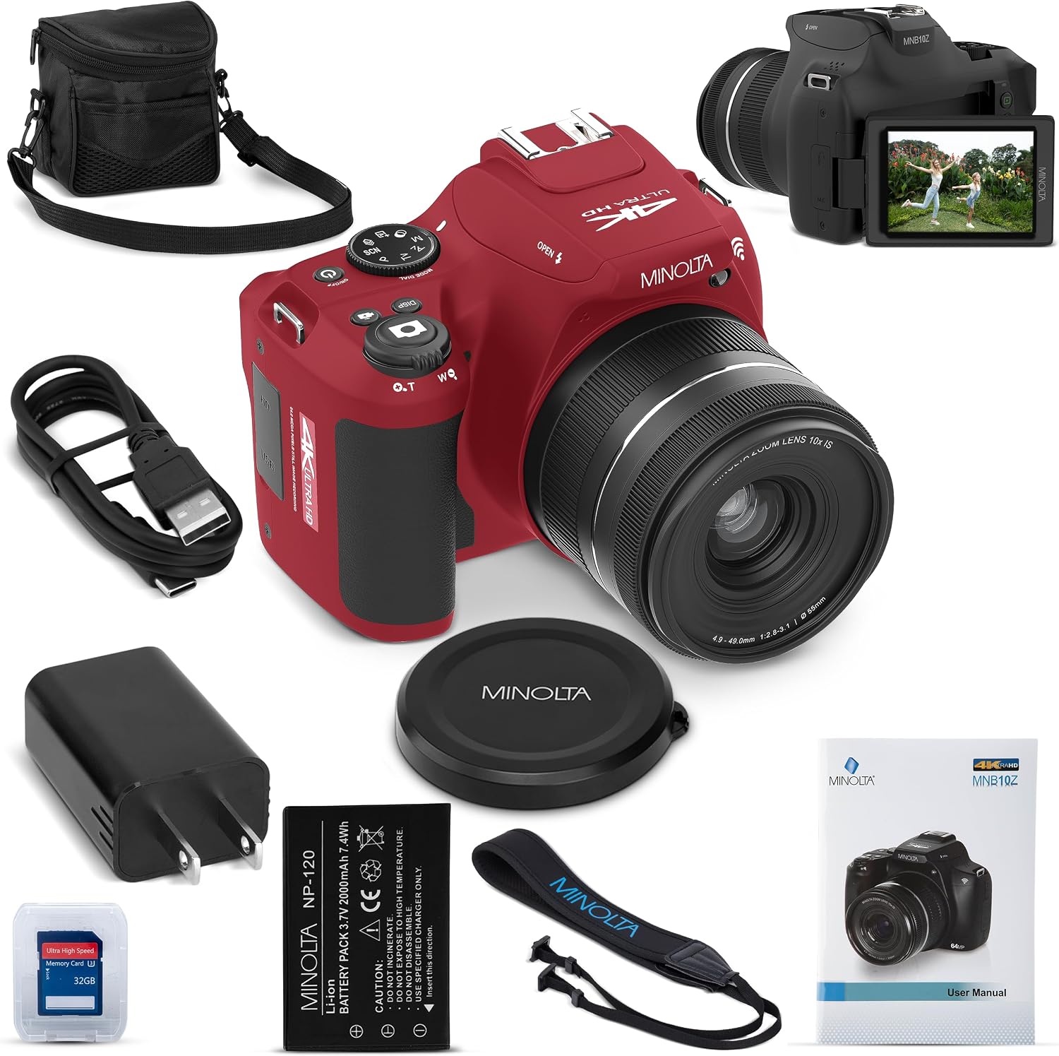 Minolta ProShot 64MP Digital Camera – 10x Optical Zoom, 4K Ultra HD Video, Macro Shooting, Anti-Shake, 3-inch LCD Screen, Face Detection – Includes 32GB SD Card, Battery & Case (Red)
