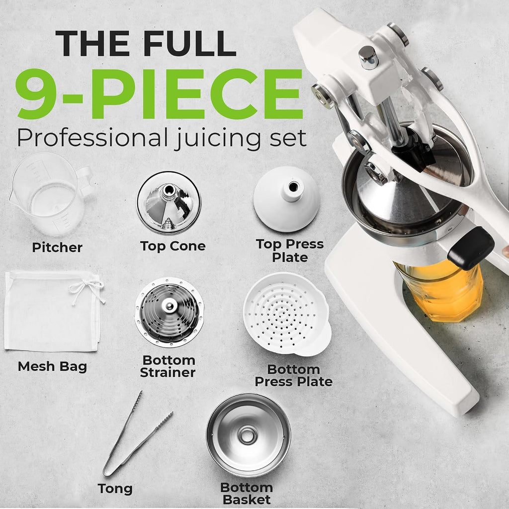 Zulay Kitchen Pulperizer 9 in 1 Cast Iron Juicer - Easy-to-Clean Heavy-Duty Manual Juicer with Presser Attachment to Juice All Types of Fruits! Extra Tall with Stainless Steel Bowl - White