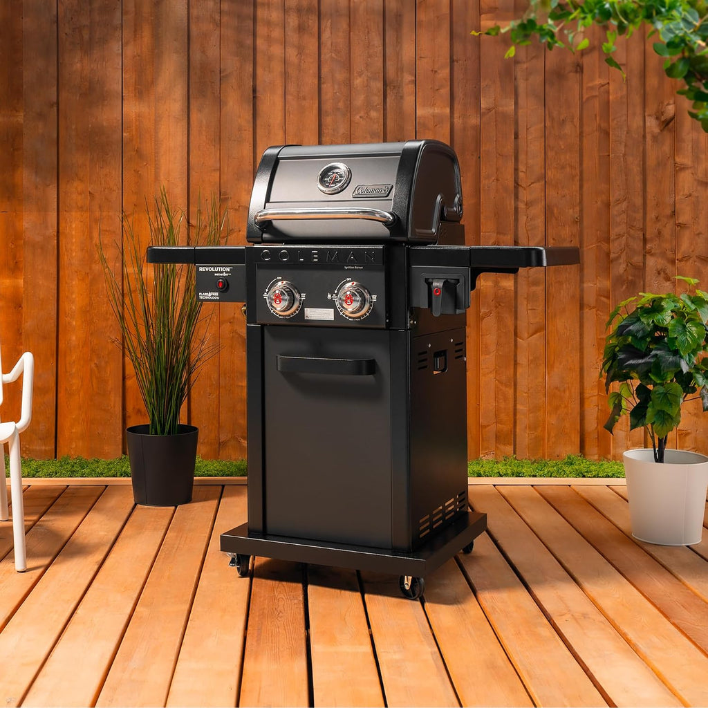 Coleman Revolution 2-Burner Propane Grill, 30,000 BTU Gas Grill with 440-Sq. In. Total Cooking Surface, 2 Side Shelves, Flare-Free Grates, and 4-Wheel Compact Cart, Black