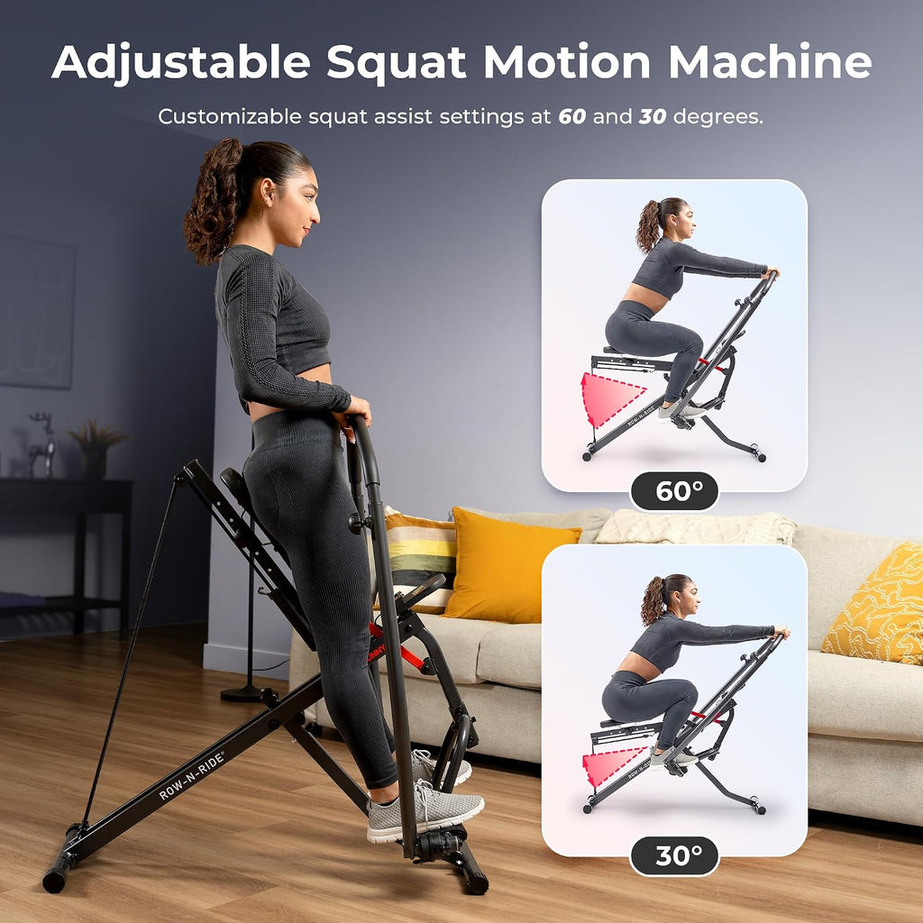 Sunny Health & Fitness Row-N-Ride Squat Machines, Adjustable Resistance and Seating/Handle for Home Glutes Training, SunnyFit App Access Included