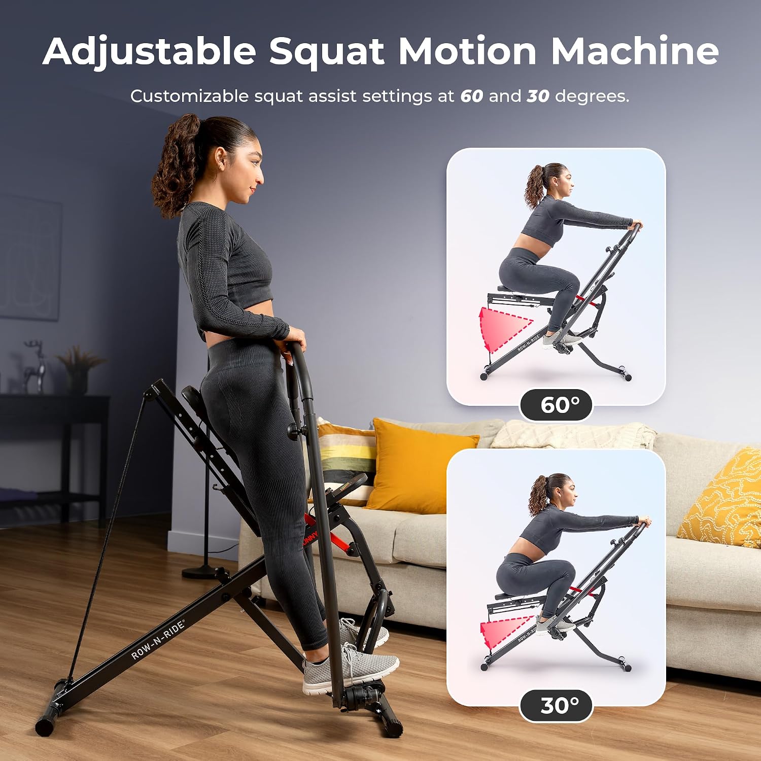 Sunny Health & Fitness Row-N-Ride Squat Machines, Adjustable Resistance and Seating/Handle for Home Glutes Training, SunnyFit App Access Included