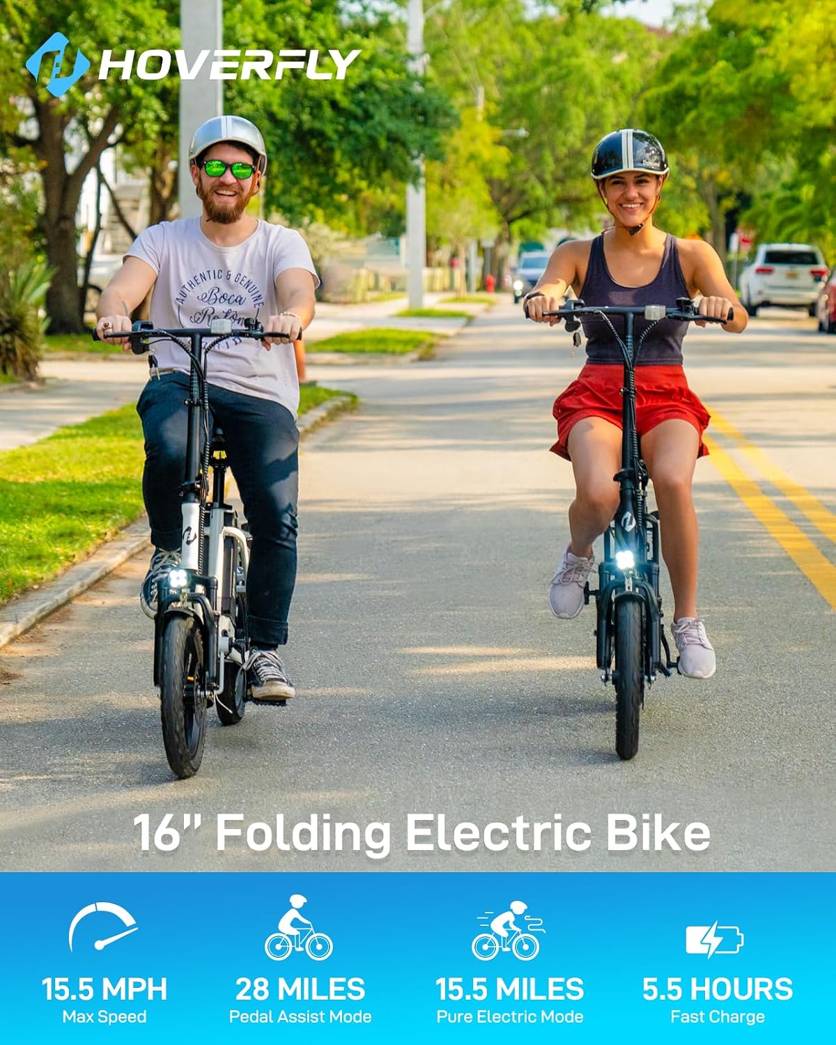 HOVERFLY H3 16' Electric Bike, Max 28Miles Range(Pedal-Assist) Folding E-Bike with Removable Battery, Front Suspension and Commuter Electric Bicycle Adults