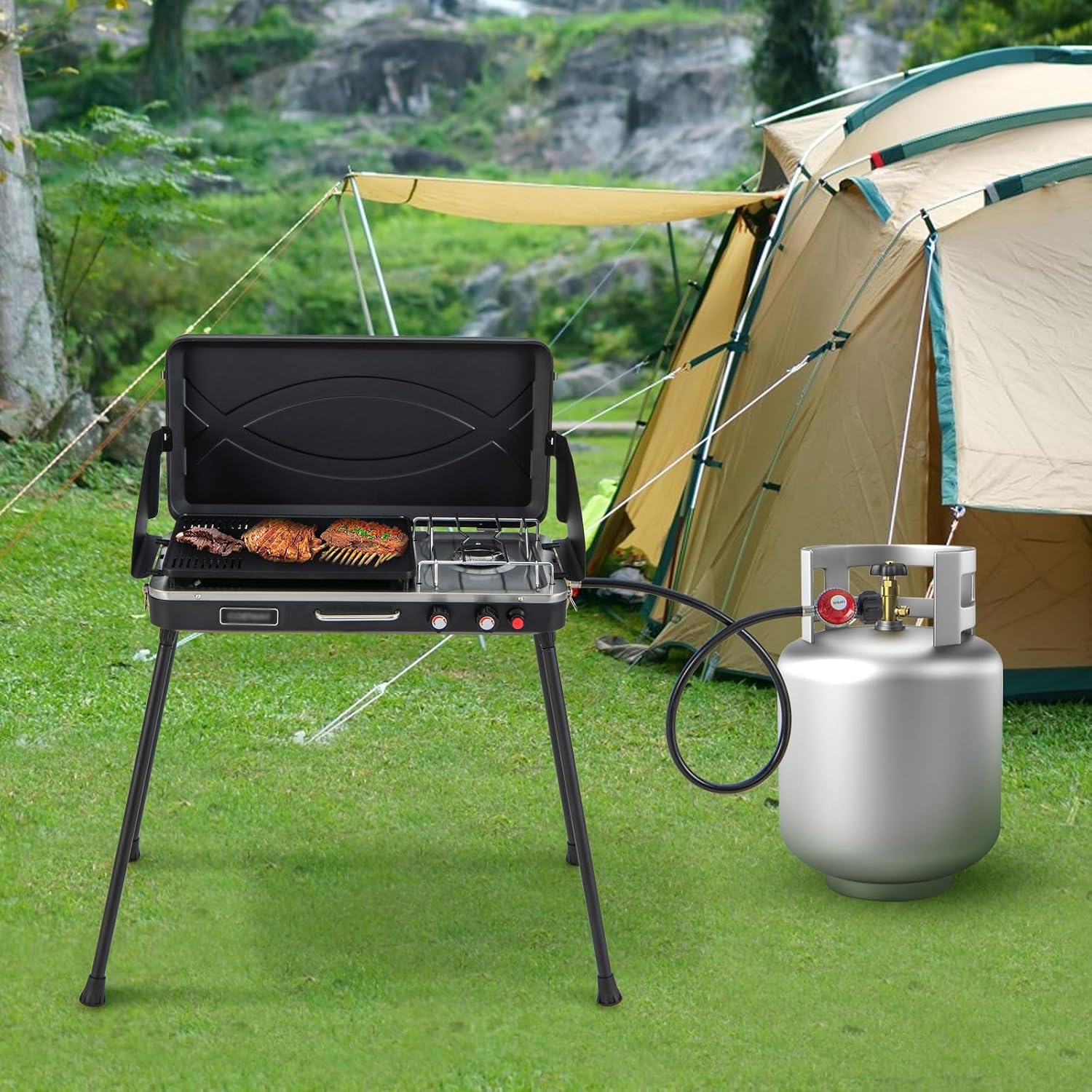 HAPPYGRILL Portable Camping Stove, 2-Burner Propane Grill Cooker with Removable Leg Stand, Roast Grill, Dual Control Knobs, Wind Guards, Outdoor Gas Grill for Camping BBQ Picnic (Black)