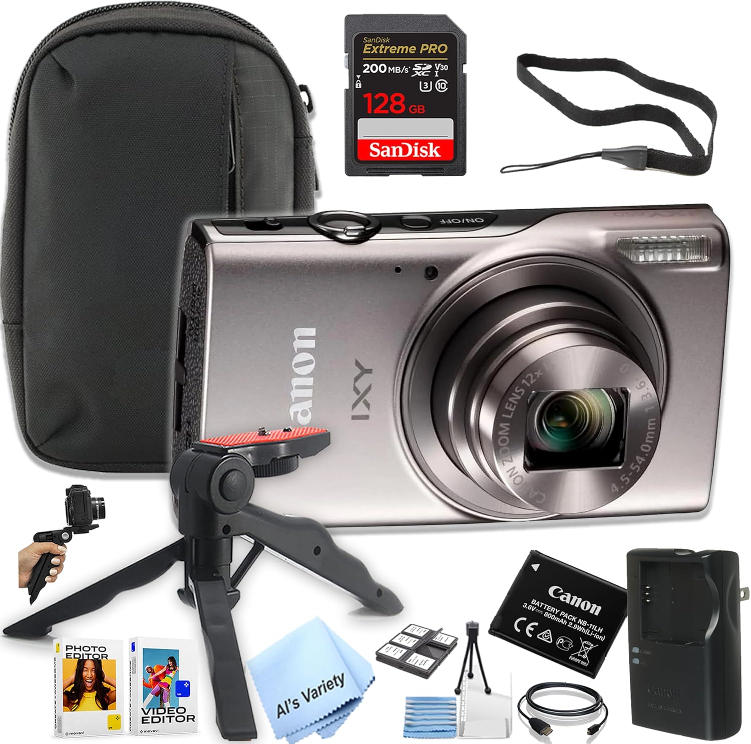 Canon PowerShot IXY 650 (ELPH 360) HS Digital Camera (Silver) + 128GB Extreme PRO Memory + Case, Grip, Software Pack (Essential Bundle) (Renewed), Black