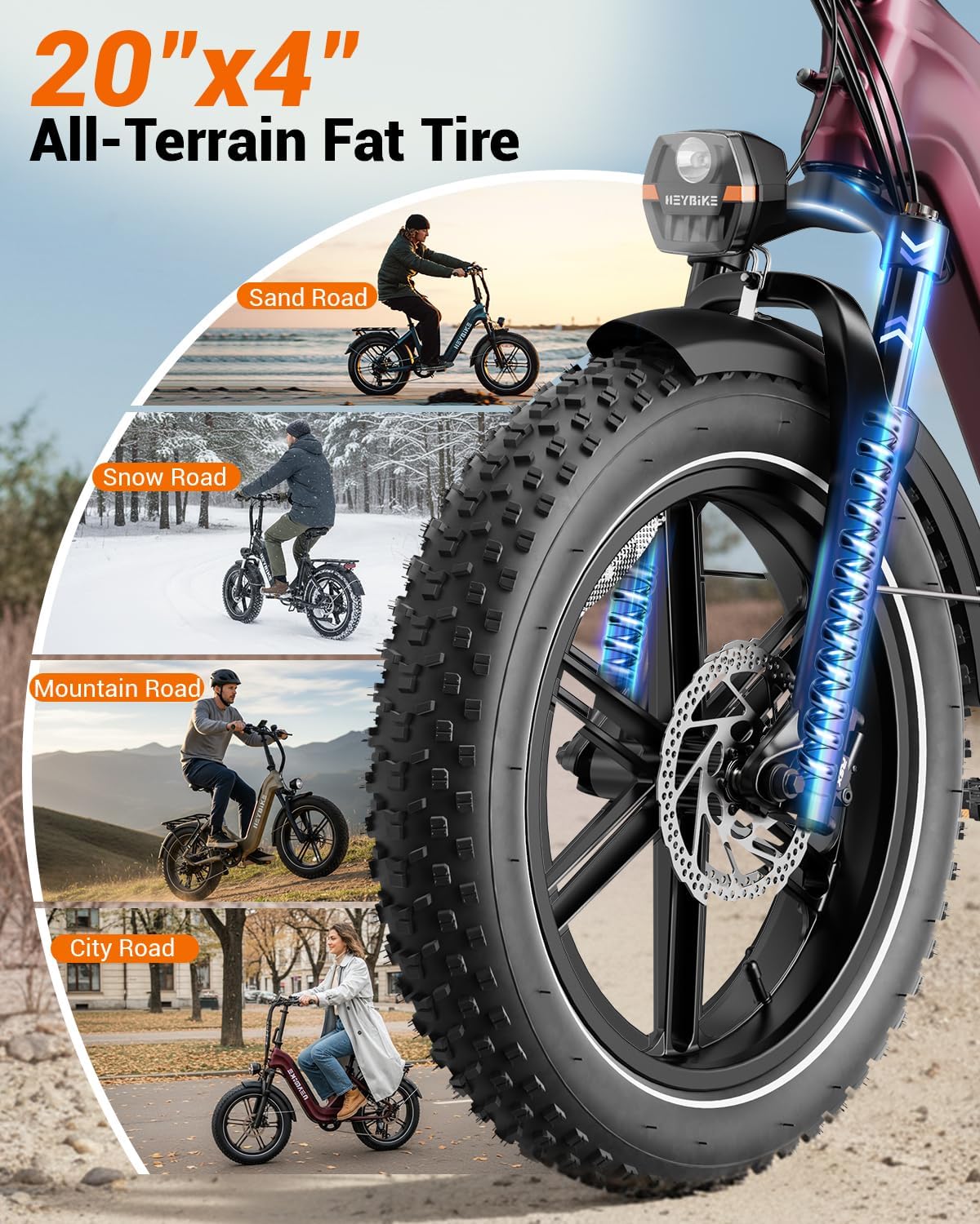 Heybike Ranger 20'x4.0' Fat Tire Folding Electric Bike for Adults, 1200W/1800W Peak Motor, 28/32MPH, up to 55/90 Miles Range, UL2849 Certified Removable Battery for Commute Beach Mountain Snow E Bike