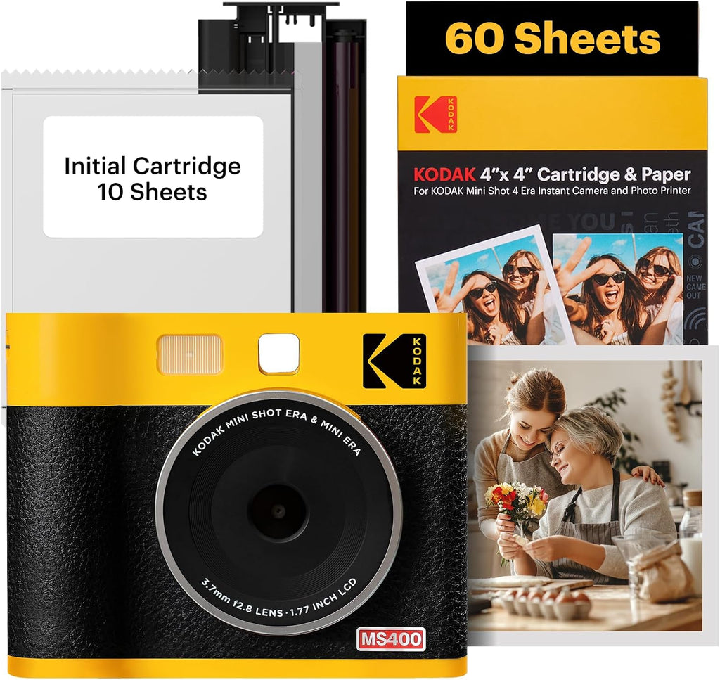KODAK Mini Shot 4 ERA 4PASS 2-in-1 Instant Camera and Photo Printer (4x4) (Yellow, Camera + 70 Sheets)