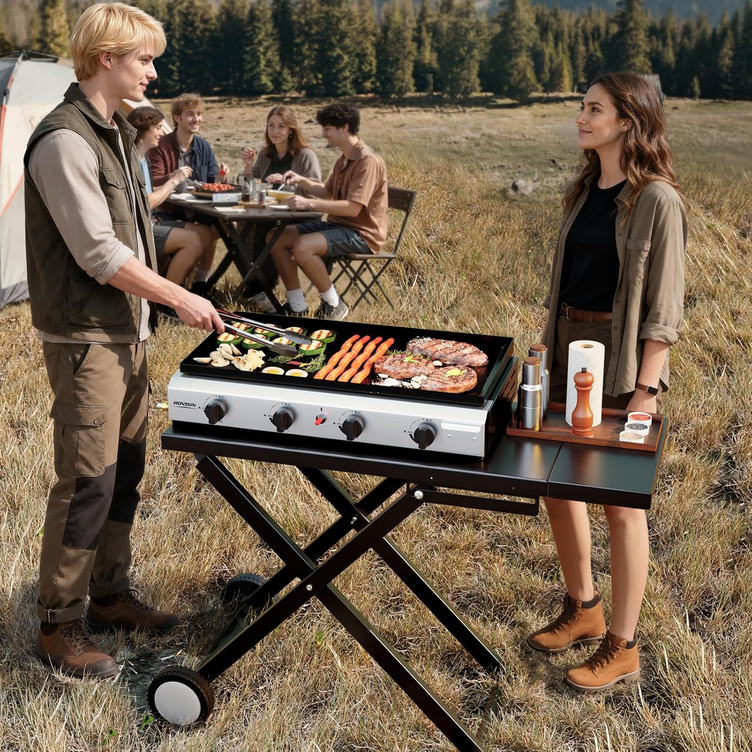 ROVSUN 4 Burner Foldable Propane Griddle with Wheels & Enameled Tray, 40000 BTU Portable Flat Top Gas Grill with Electronic Ignition & Regulator for Outdoor Cooking Camping BBQ Tailgating Picnicking