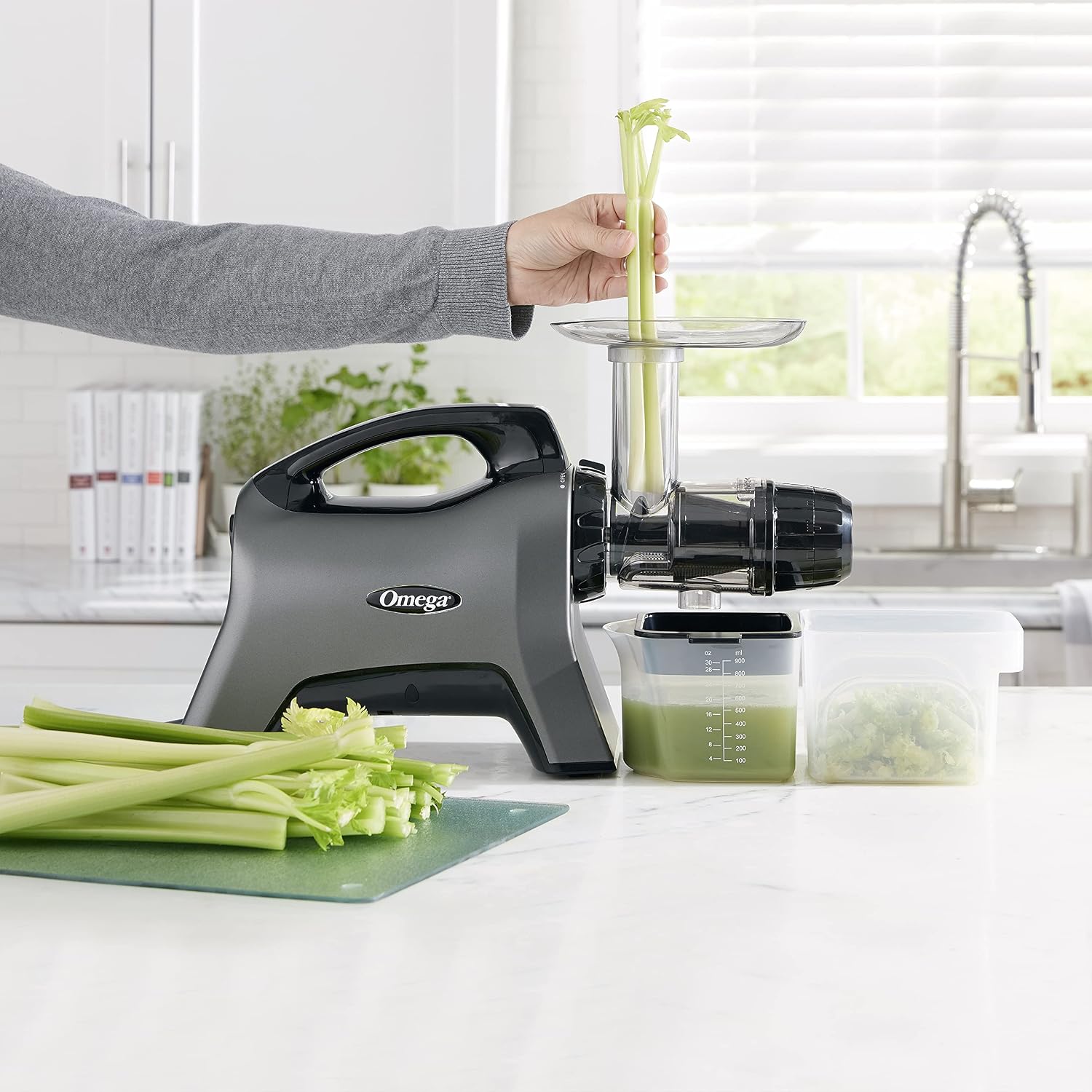 Omega Celery Juicer and Nutrition System Masticating Juicer, Cold Press Juicer Machine For Celery with Adjustable Dial, 200-Watt, Silver