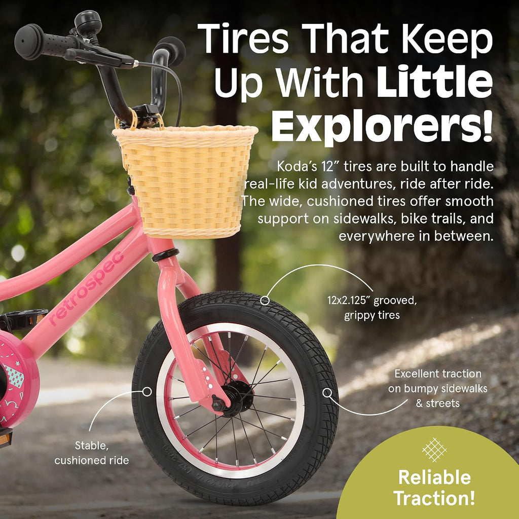 Retrospec Koda Plus Kids Bike for Boys & Girls Ages 2-3 Years - Children's Bicycle, Adjustable Seat & Handlebars, Removable Training Wheels, Front Hand Brakes, Rear Coaster Brake & Safety Bell