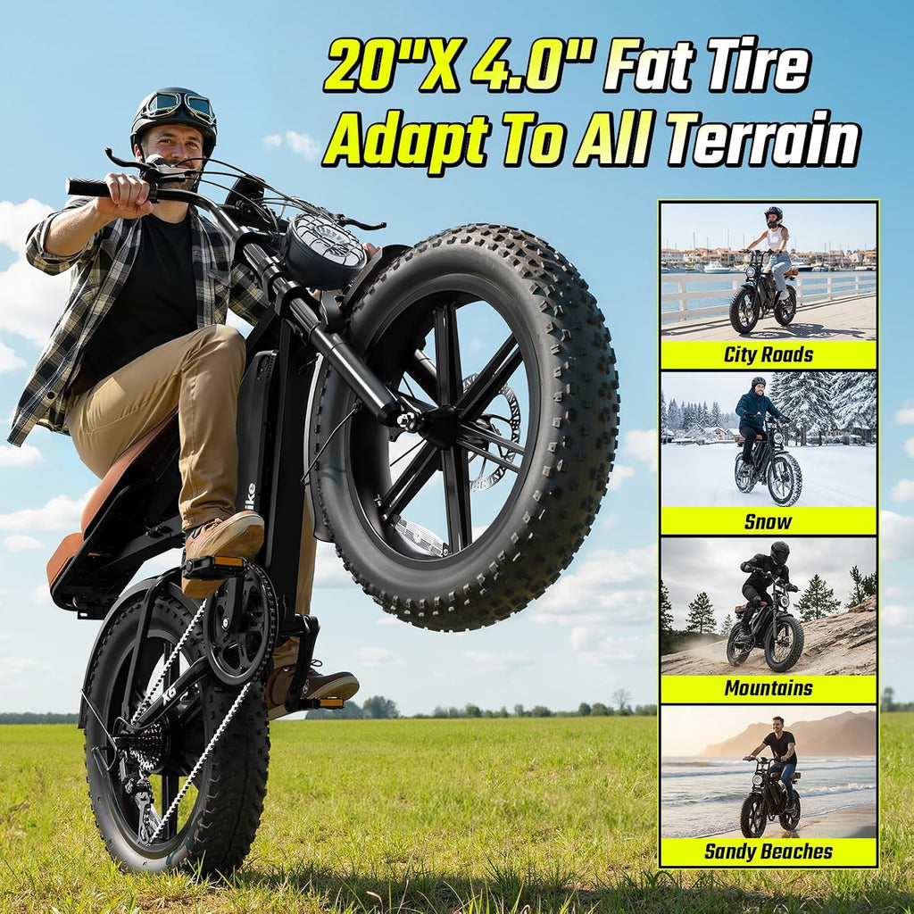 TST Electric Bike for Adults, 1500W Peak Motor 60/100 Miles Fat Tire Ebike with 48V 15Ah/25Ah Removable Battery 20' Fat Tire Electric Dirt Bike Full Suspension and 7-Speed