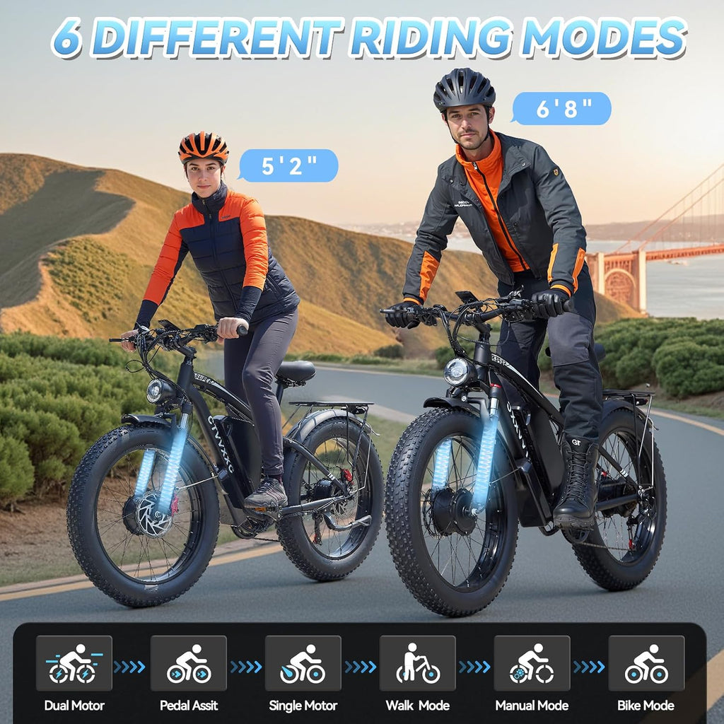 6000W Peak Dual Motor Ebike for Adults - 52V 34Ah Fast Electric Bike for Men Women 45 MPH,Up to 100 Miles,24' Fat Tire Lockable Suspension Electric Bicycle for Snow Off-Road Commuter Mountain E-Bike