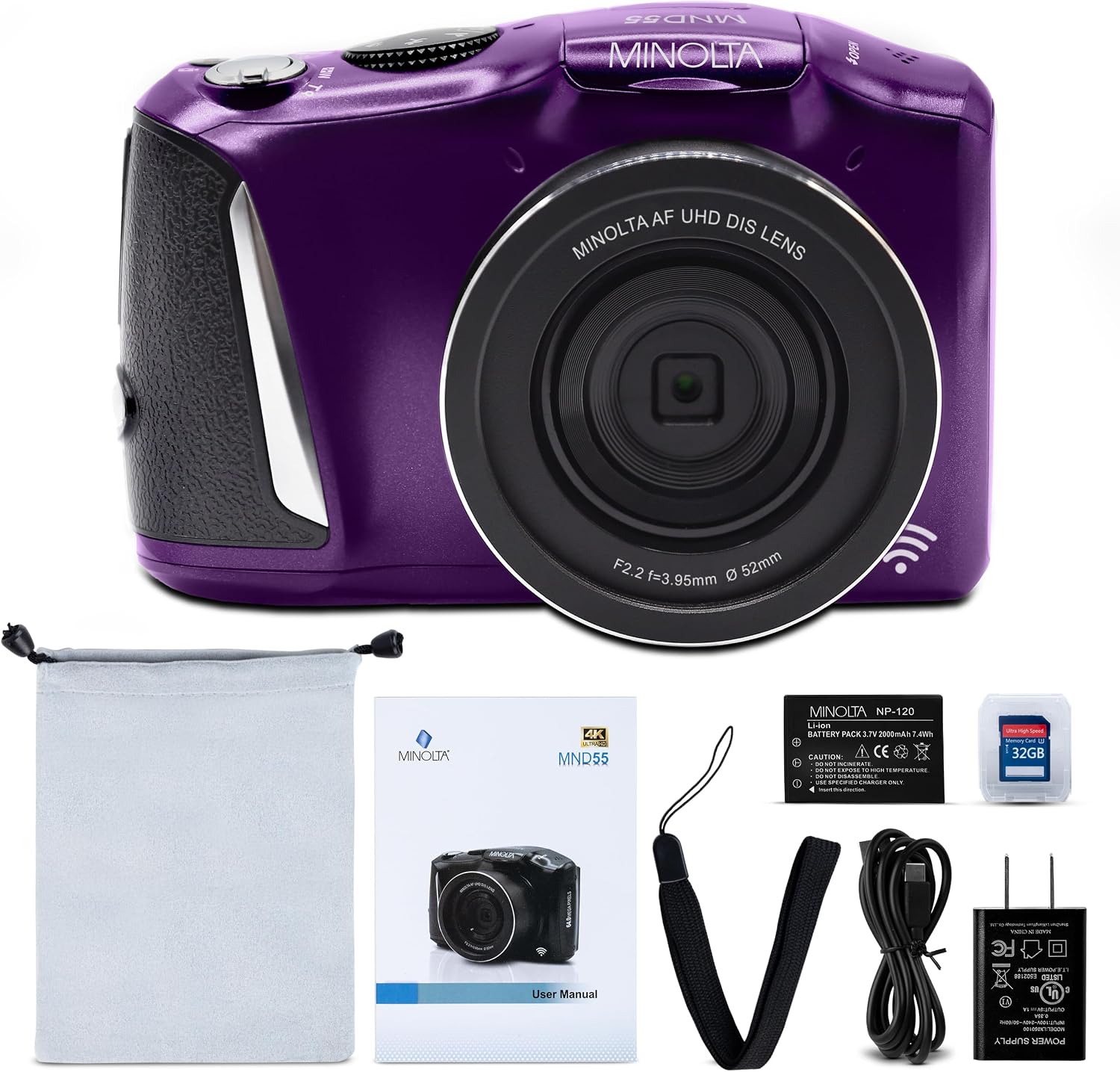 Minolta 64MP Digital Camera – 4K Ultra HD Video at 60FPS, 16x Digital Zoom, WiFi, CMOS Sensor, 3-inch LCD Display, Auto Exposure - Includes 32GB Memory Card, Rechargeable Battery (Purple)