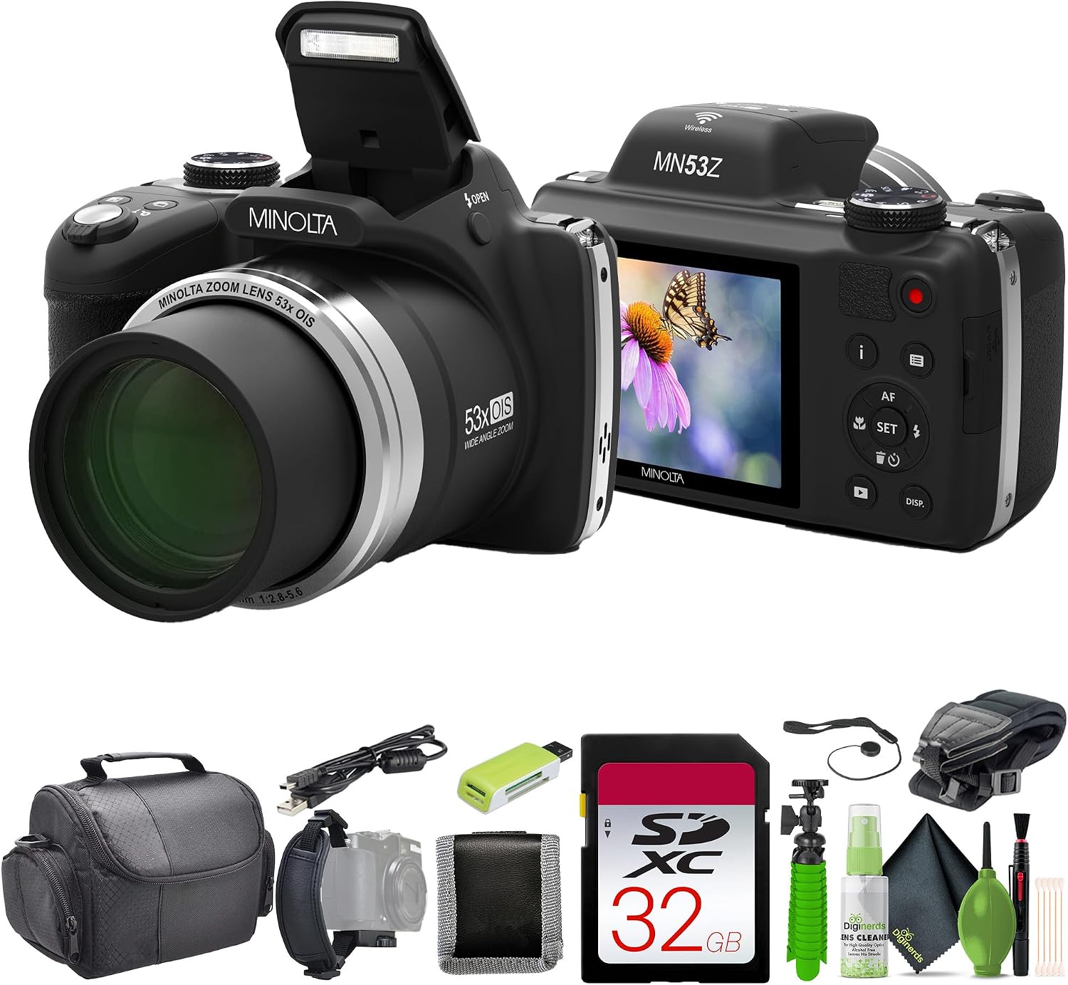 MINOLTA MN53Z 16 MP / 1080P FHD Bridge Digital Camera w/53x Optical Zoom (Black) Bundle with 32GB Memory Card + Camara Bag + Cleaning Kit + Vlogging Tripod + Accessories
