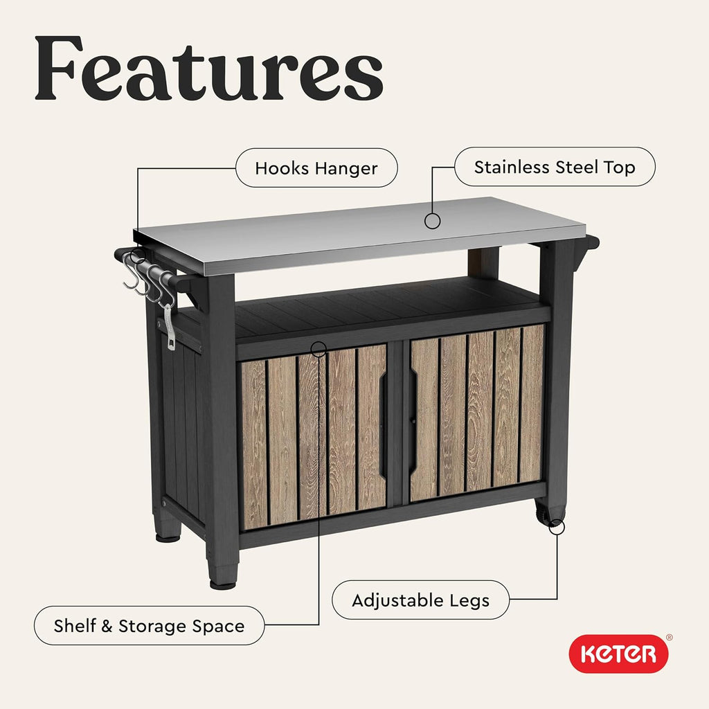 Keter Unity XL Outdoor Entertainment Cart with Wood‑Look Finish, 78‑Gallon Patio Storage Cabinet, Food Prep Station, Stainless‑Steel Top for BBQ, Grill, Patio, Deck & Backyard, Ashwood