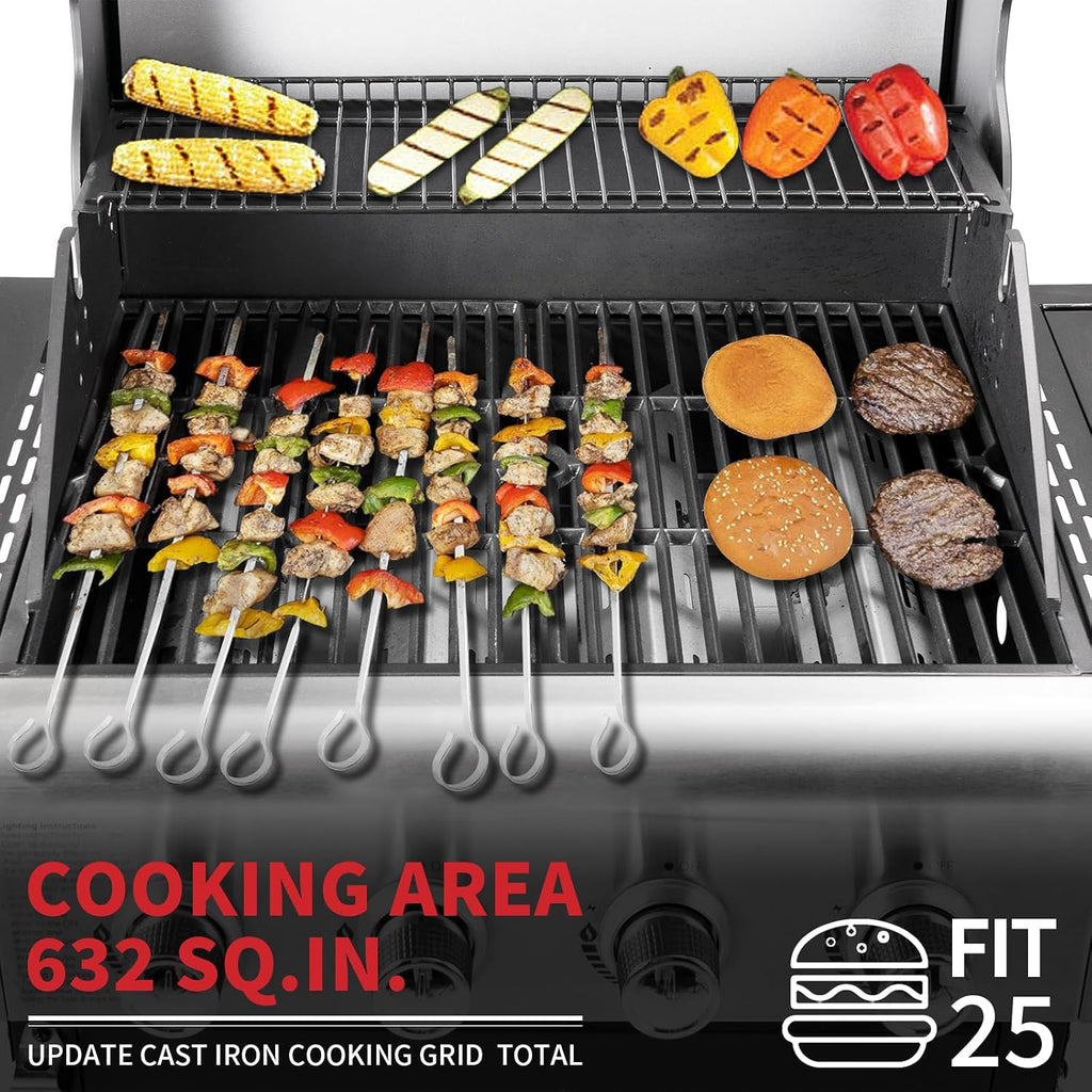 Kendane 4-Burner Propane Gas BBQ Grill with Side Burner, Barbecue Gas Grill with Enameled Cast Iron Grates for Outdoor Patio Garden Barbecue, 53,000 BTU, Stainless Steel Grill Cover included