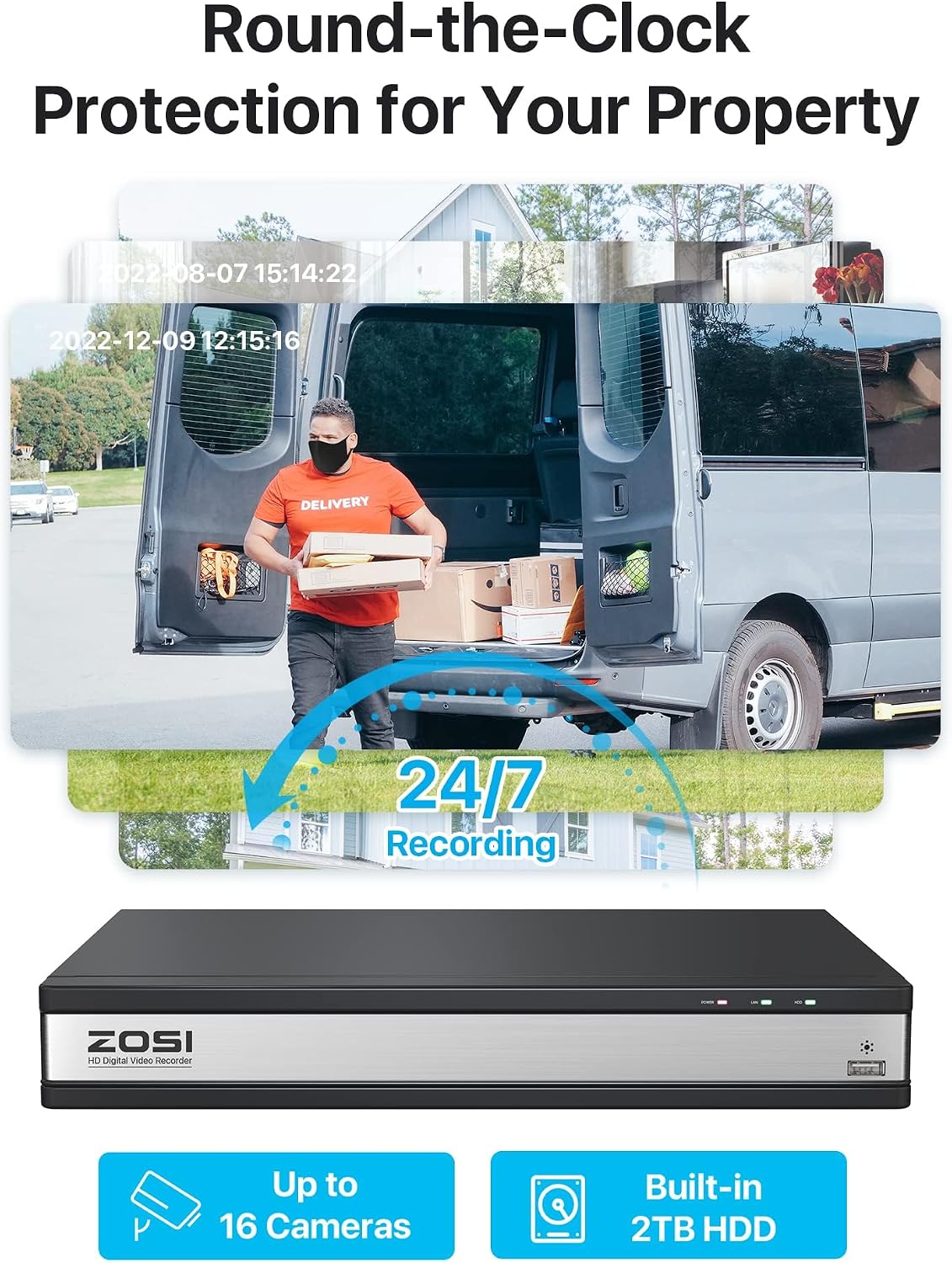 ZOSI 16 Channel Security Camera System 1080p, 2MP H.265+ Hybrid 16CH DVR with AI Human Vehicle Detect, 8 x 1080p CCTV Dome Camera Outdoor, 80ft Night Vision, 90° View Angle, Remote Access, 2TB HDD