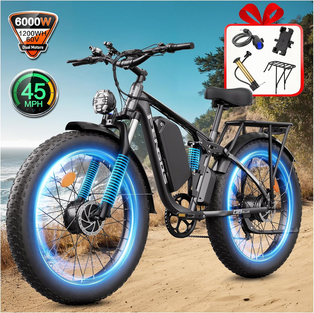 6000W Electric Bike for Adults,60V 1200WH 45MPH Dual Motor Mountain Ebike Up to100 Miles Long Range Electric Bicycle 24' Fat Tire Fast Bicycle for Men Women Full Suspension Brake/Turn Signal