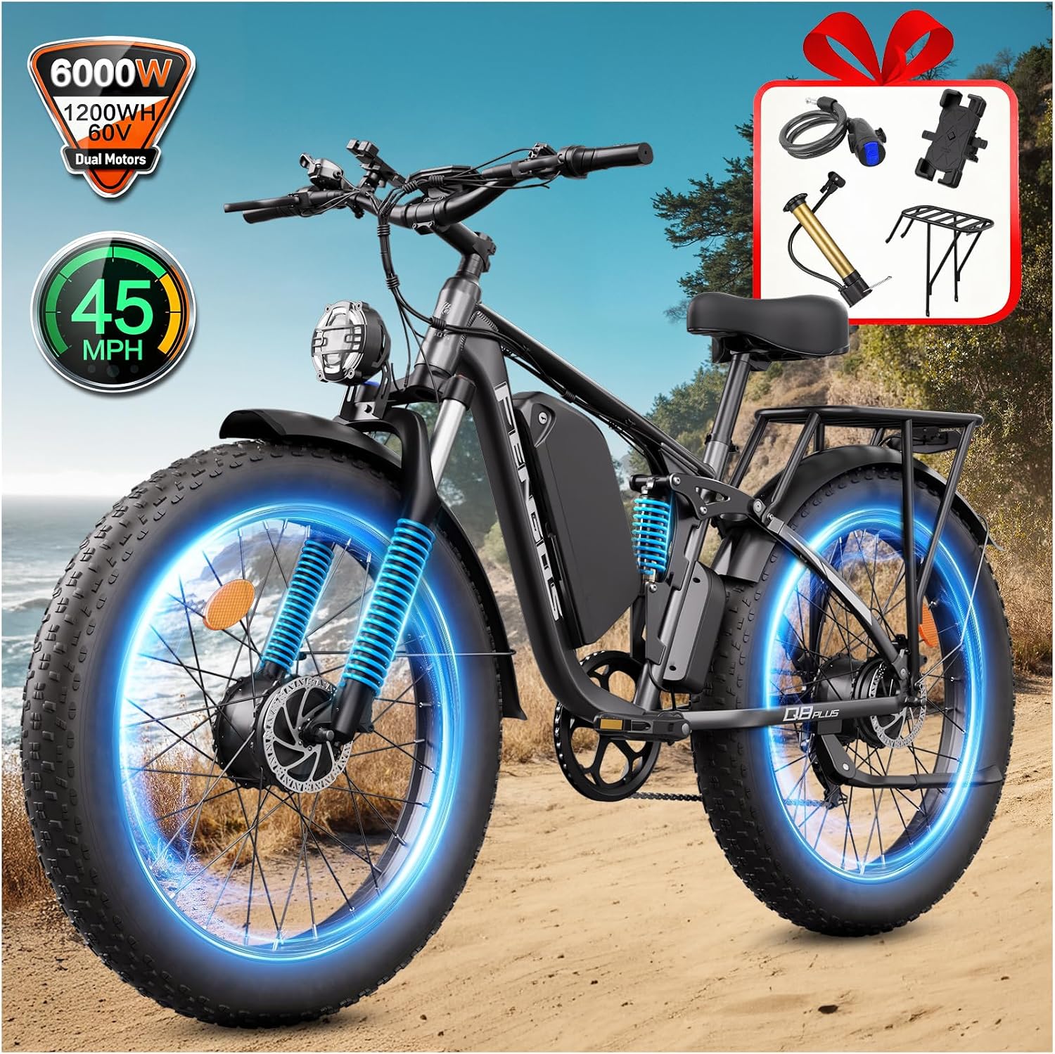 6000W Electric Bike for Adults,60V 1200WH 45MPH Dual Motor Mountain Ebike Up to100 Miles Long Range Electric Bicycle 24' Fat Tire Fast Bicycle for Men Women Full Suspension Brake/Turn Signal