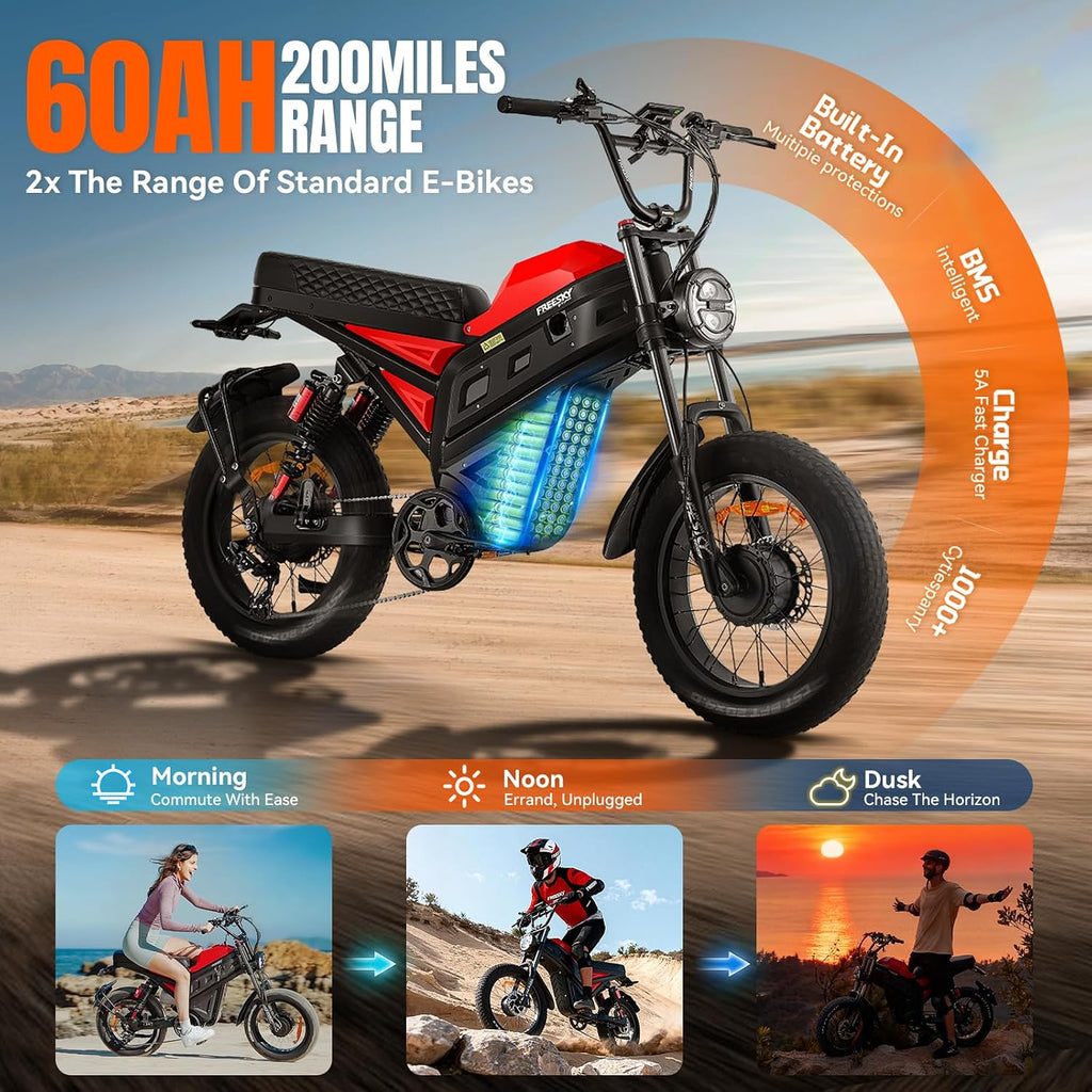 FREESKY 4000W Dual Motor Electric Dirt Bike for Adult,2880WH 60AH Battery Up to 40MPH & 200Mile Long Range Moped Ebike,20' Fat Tires All Terrain Mountain E bike,Full Suspension AWD Electric Motorcycle