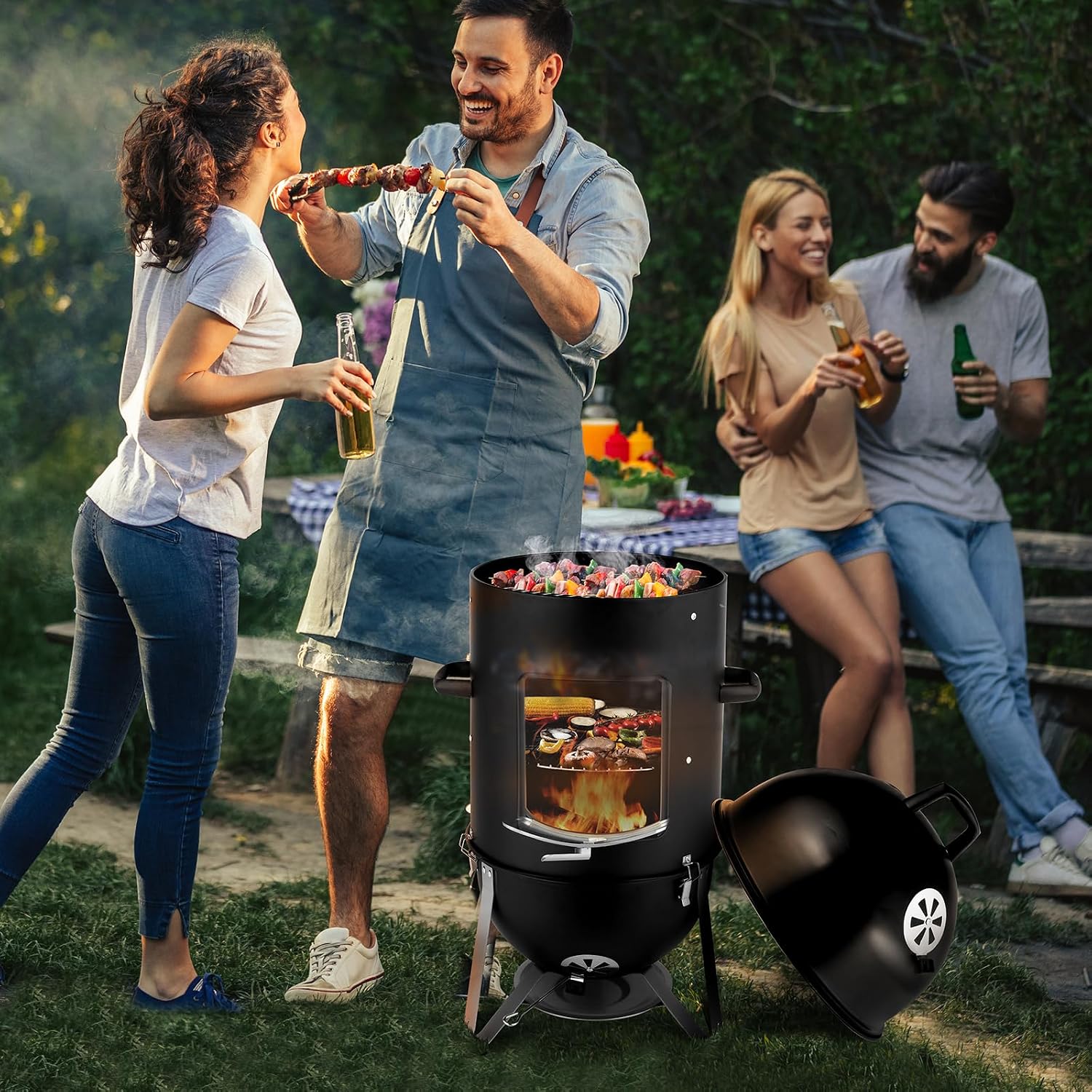 Vertical Steel Charcoal Smoker, Round BBQ Grill Vertical Charcoal BBQ Smoker, 3-in-1 Portable Outdoor Grill Cooker with Built-in Thermometer for Outdoor Cooking Backyard Grilling Camping Picnic