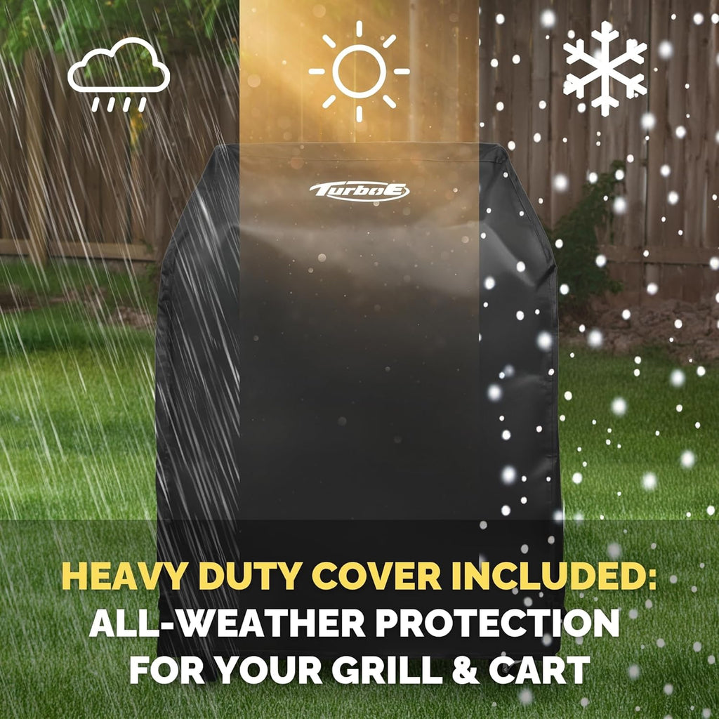 Turbo E Exclusive Grill Cart with Wheels - Spacious Side Shelves, Integrated Storage & Sleek Black Finish to Match Turbo E Outdoor Grills Seamlessly (Includes Weather-Resistant Grill Cover)