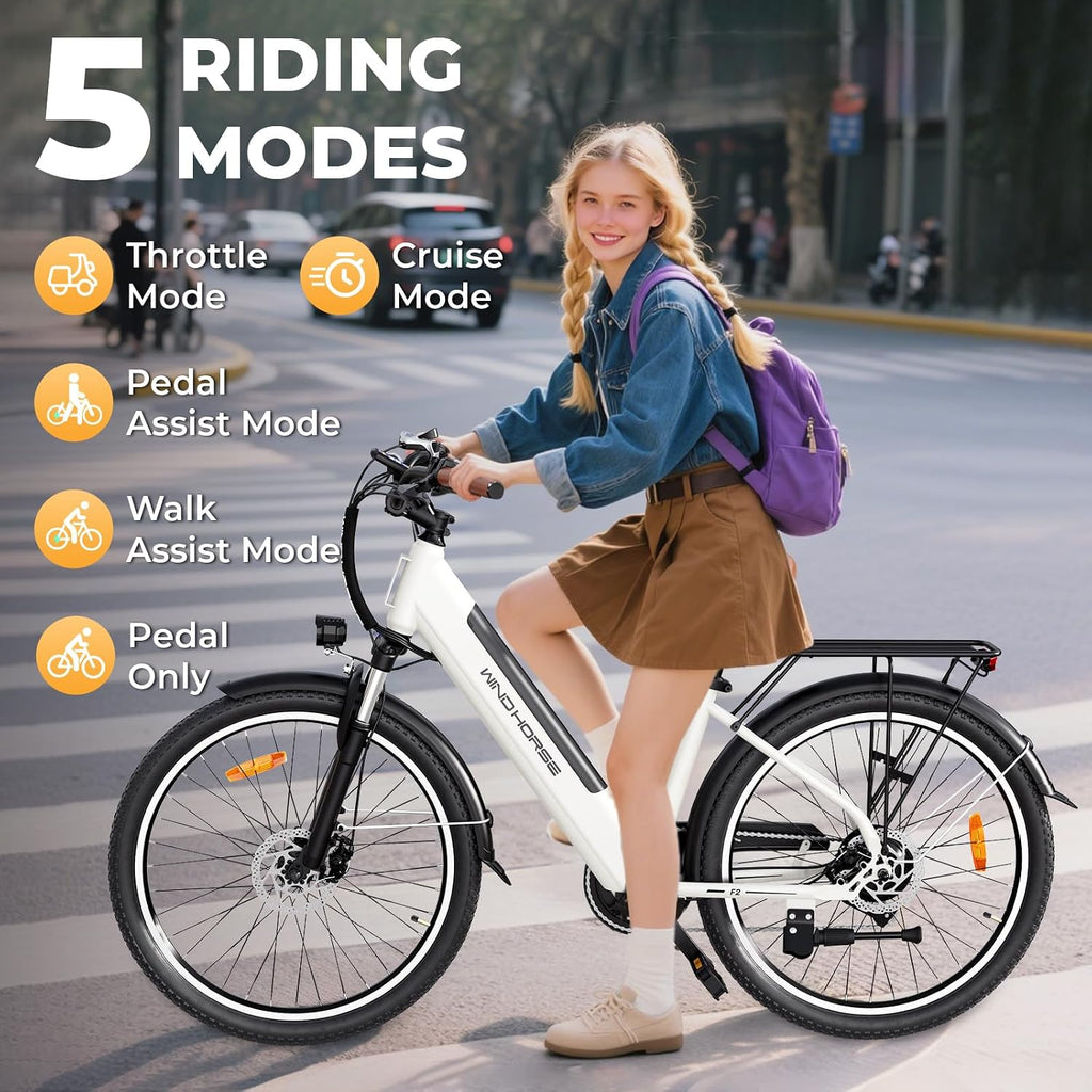 WINDHORSE 26' Electric Bike for Adults 20MPH & 30-50 Miles Range, Shimano 7-Speed, 468WH Removable Battery Commuter Ebike with 750W Peak Motor, Front Suspension, Rear Rack, Fenders, UL2849 Certified