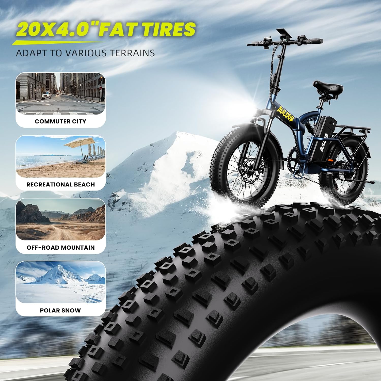 bluebiko 1000W Folding Electric Bike, 48V 20AH Large Removable Battery E Bike, 80 Miles Max Range, 20' Fat Tire Electric Bike for Adults, Adult Electric Bicycles for Commute Beach Snow