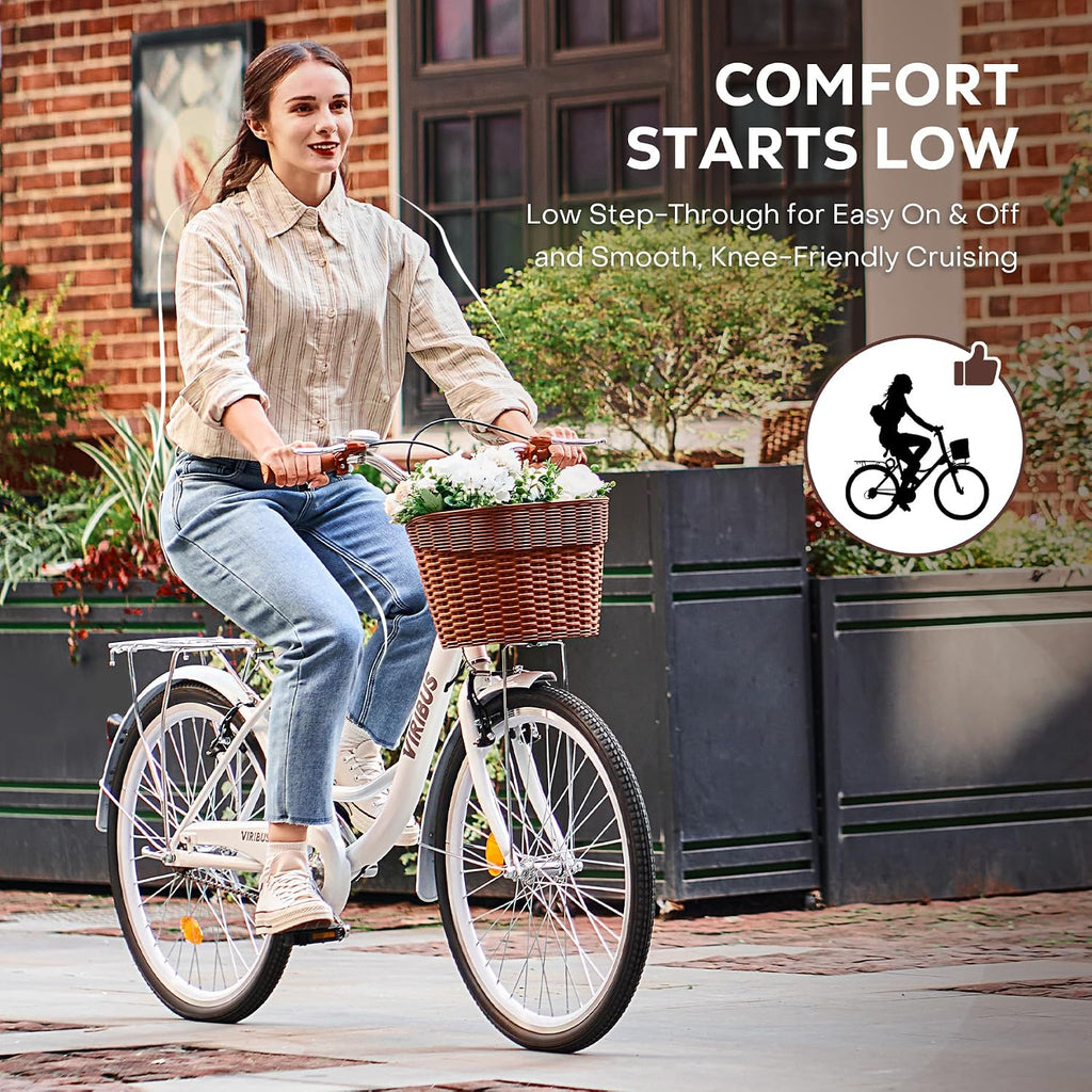 VIRIBUS Beach Cruiser Bike for Women, Single Speed Womens Bike with Basket & Rack 24 26 inch, Retro Step Through Cruiser Bicycle for Petite Short Women Female Ladies City Commuter, 330 lb.